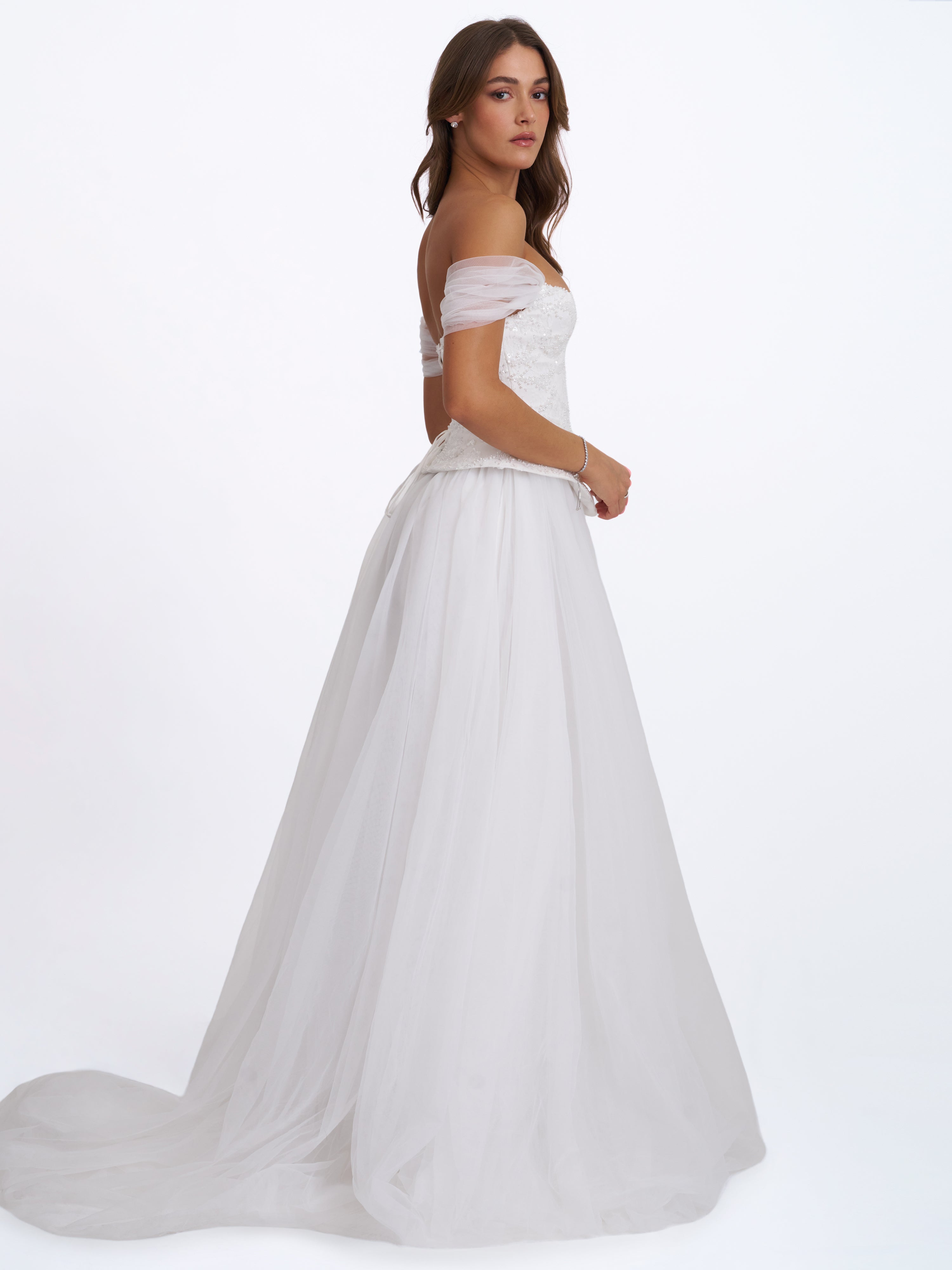 Jianna White Beaded Peplum Bardot Neckline Wedding Gown
