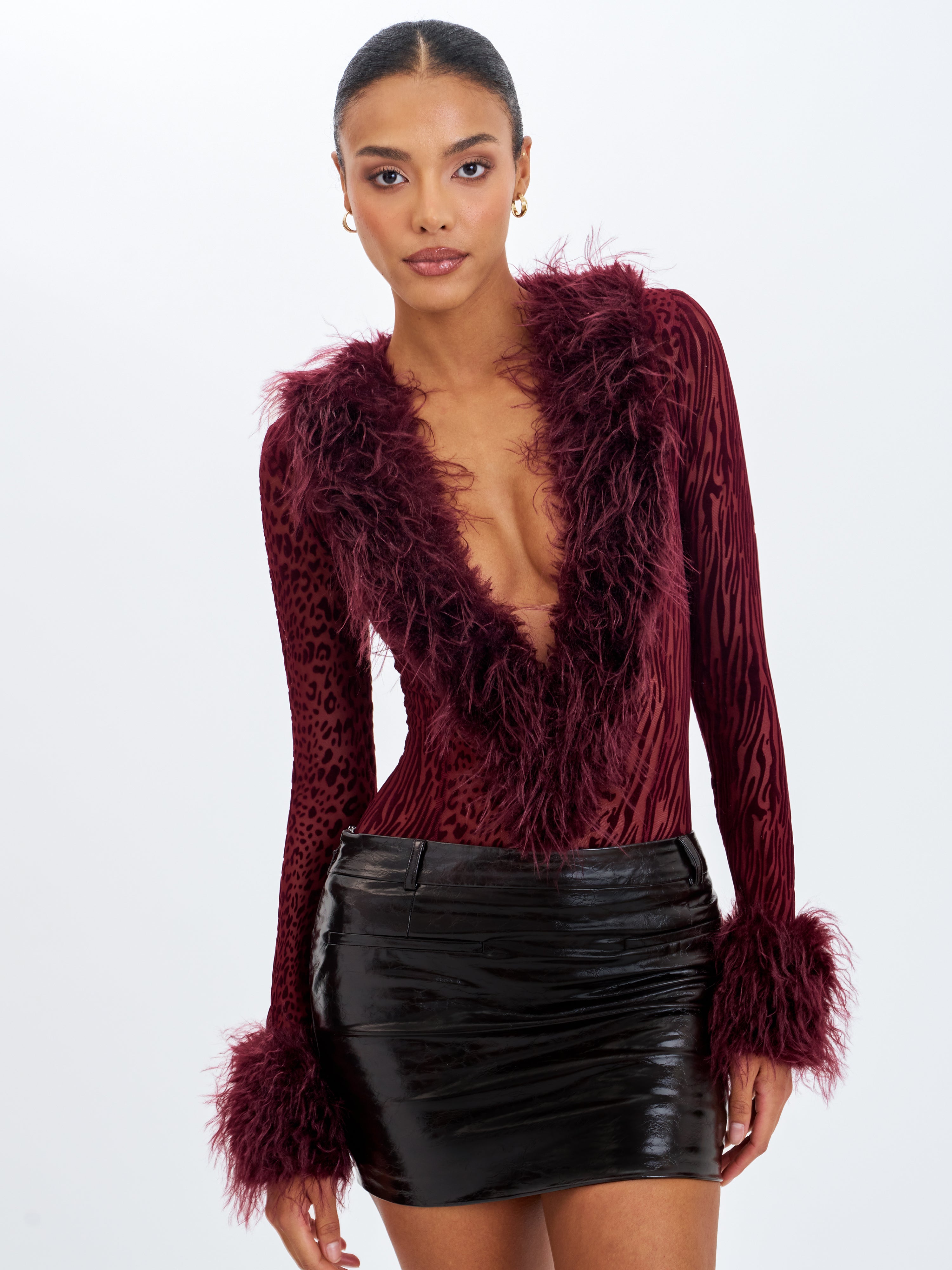 Valene Burgundy Burnout Velvet Fur-Trim Bodysuit