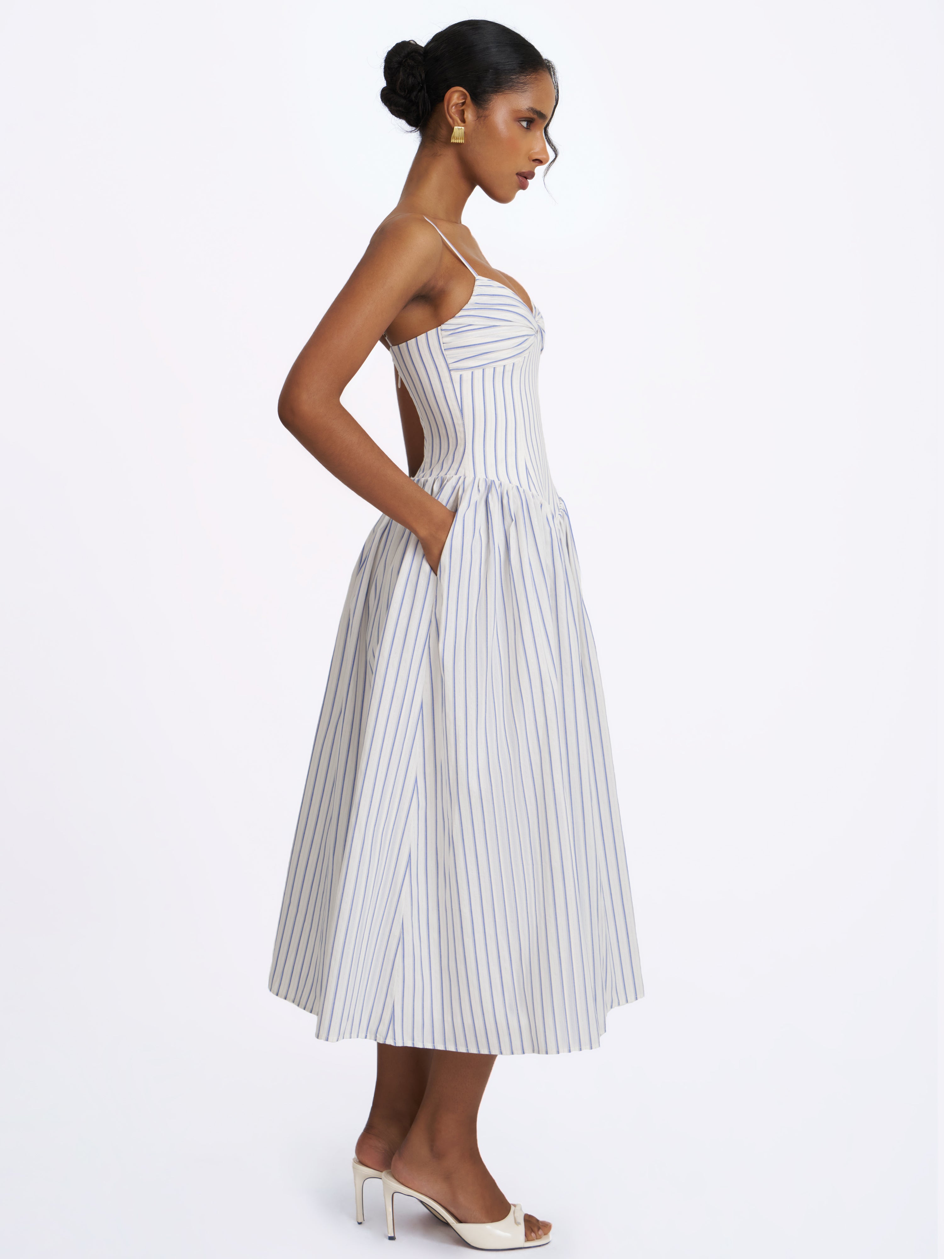 Olea Sky Blue Striped Cotton Poplin Ruched Midi Dress