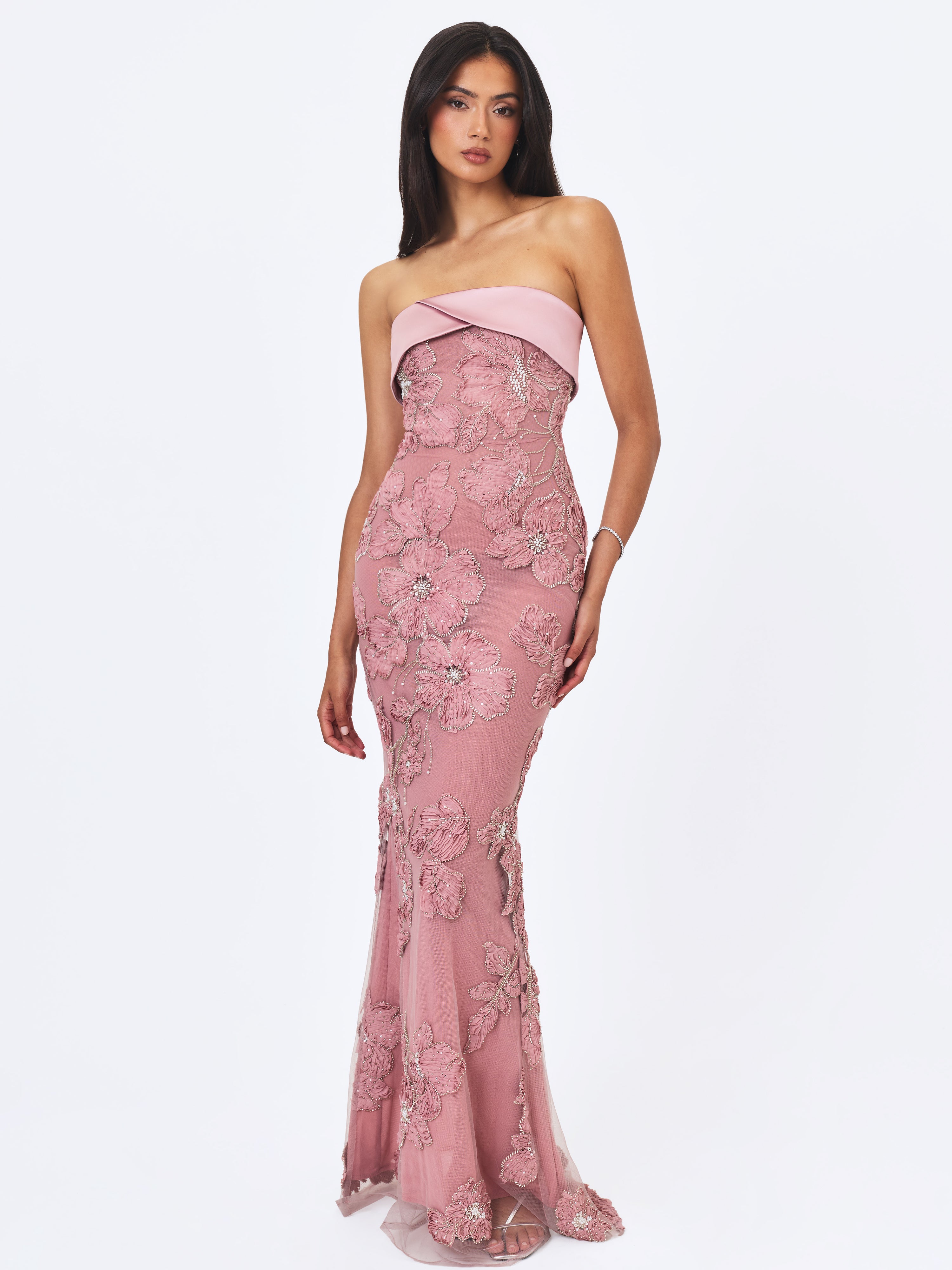 Raphaela Dusty Pink Beaded Floral Strapless Mermaid Maxi Dress
