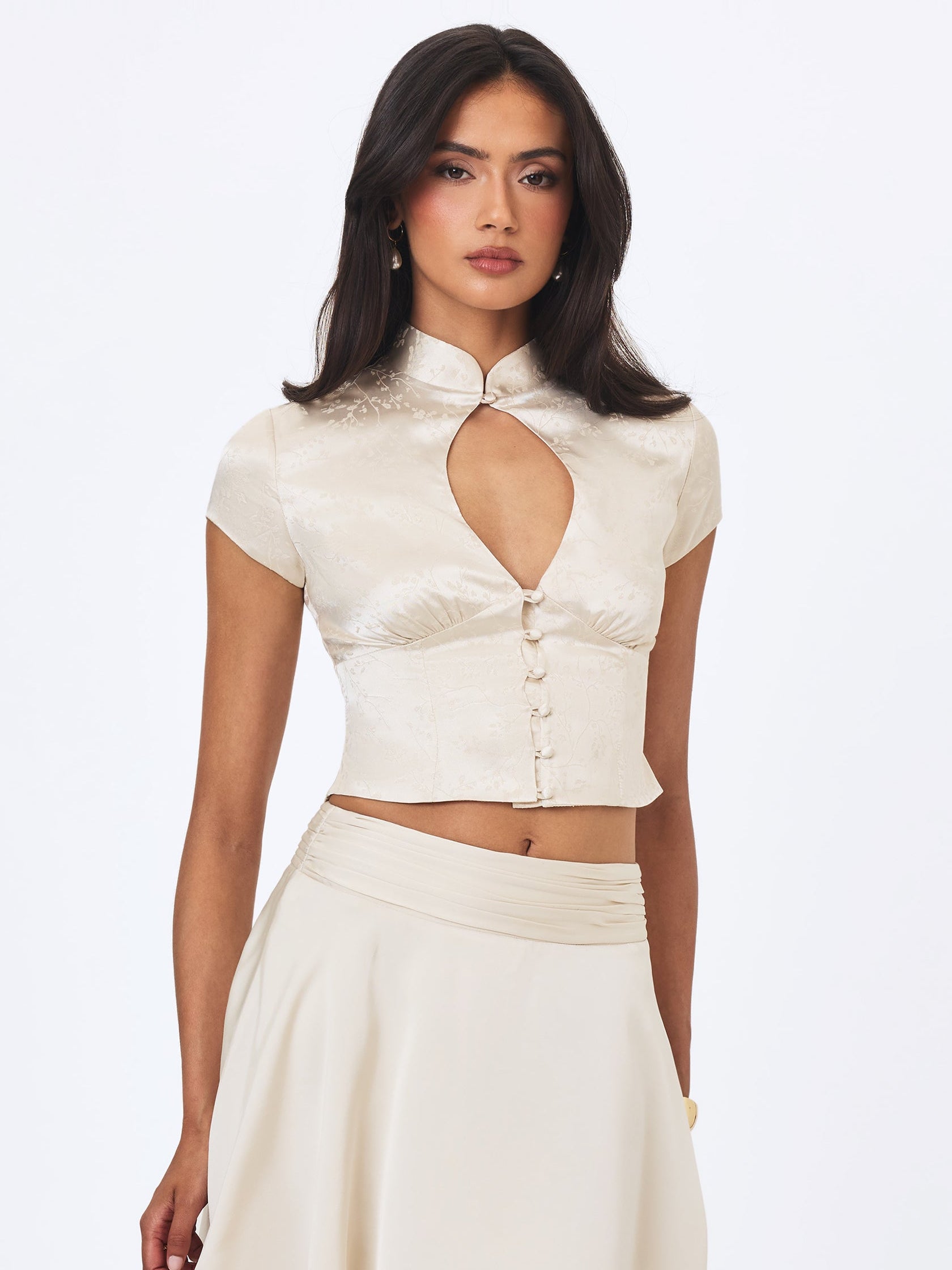 Galilea Ivory Floral Jacquard Keyhole Mandarin Collar Top
