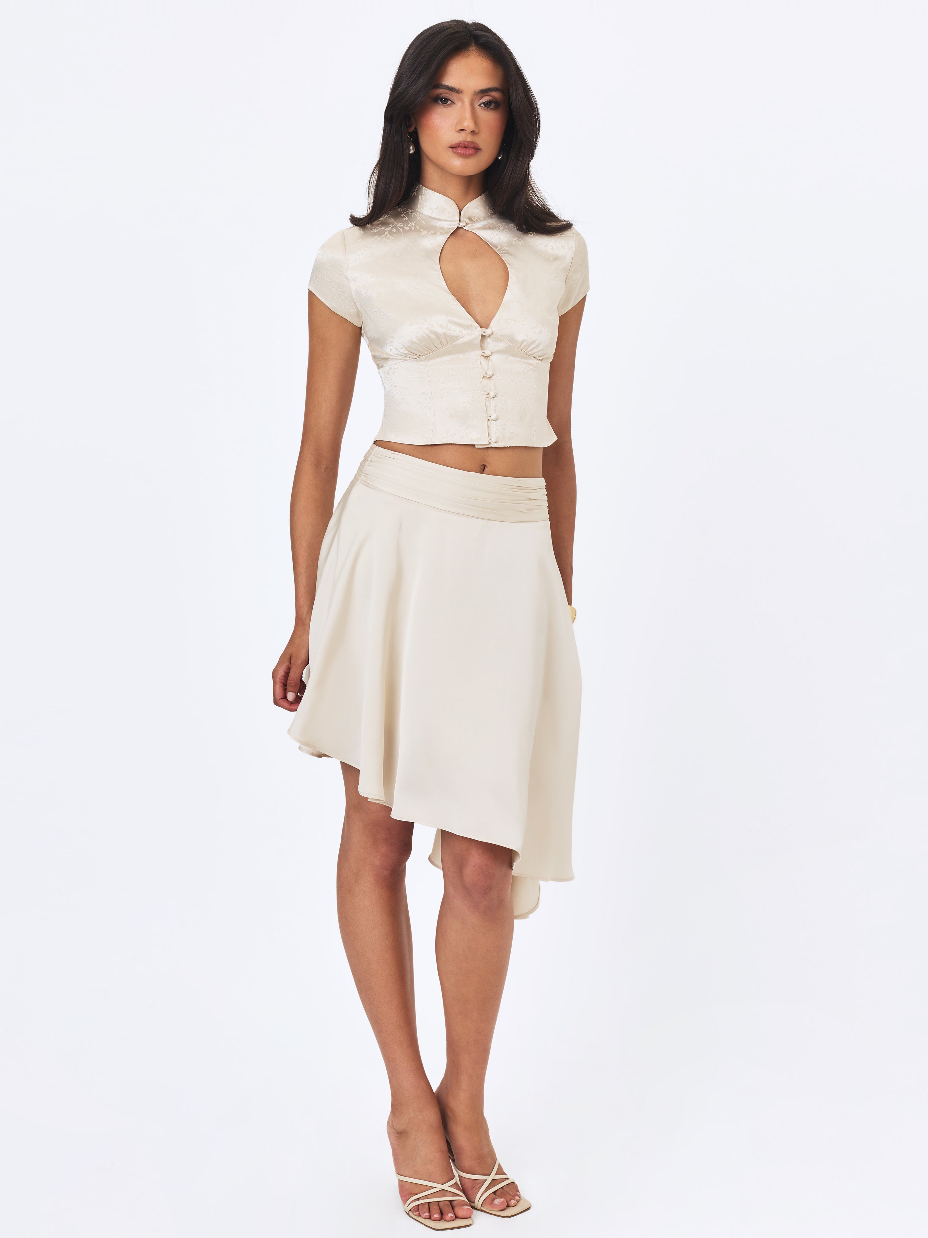 Galina Ivory Satin Asymmetrical Midi Skirt