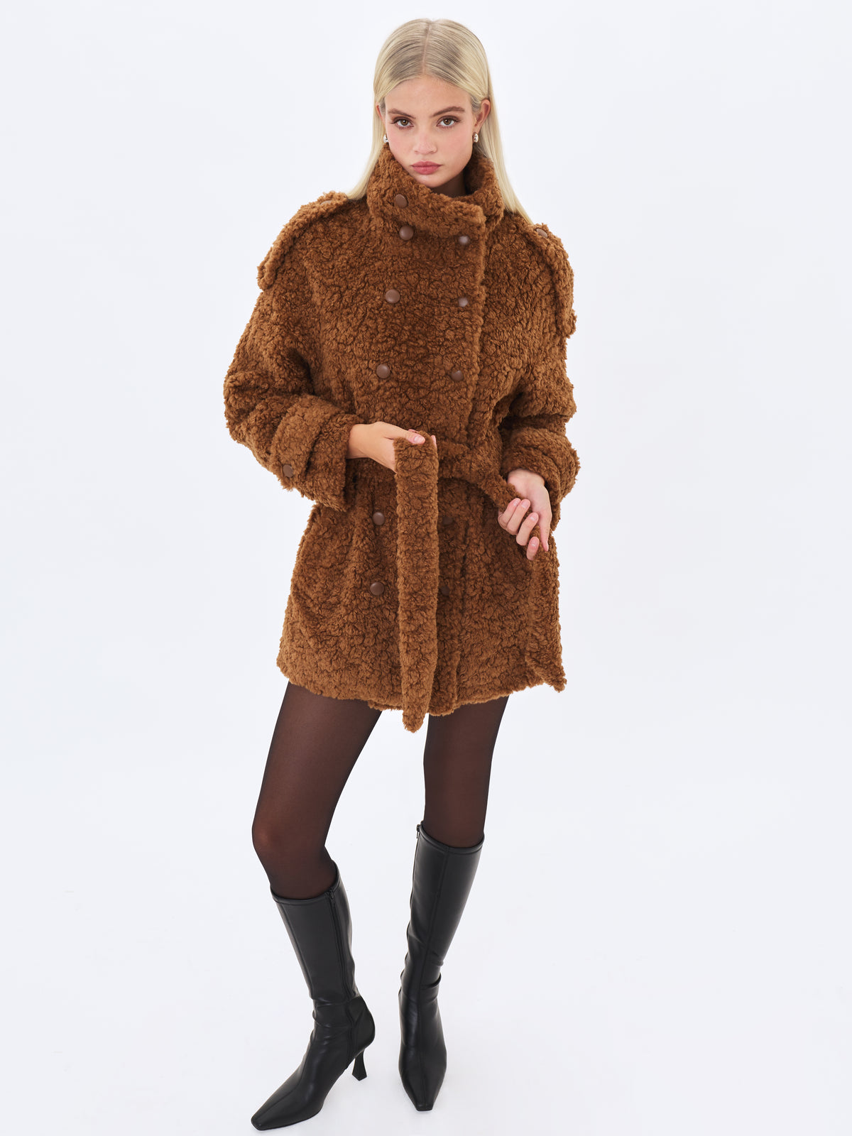 Marlow Chestnut Teddy Fur Funnel Collar Belted Mini Coat