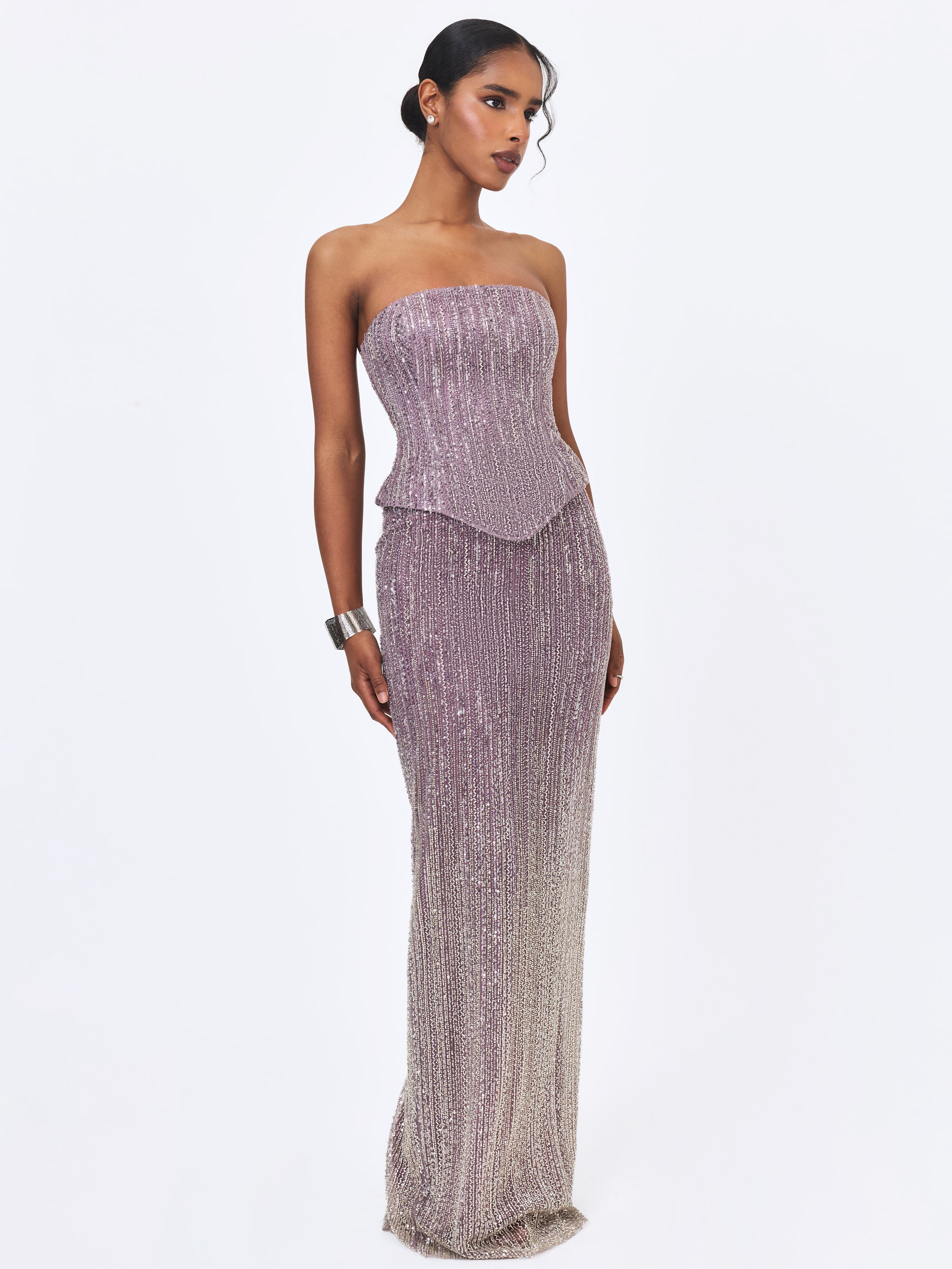 Tosca Beaded Purple Gradient Strapless Peplum Maxi Dress