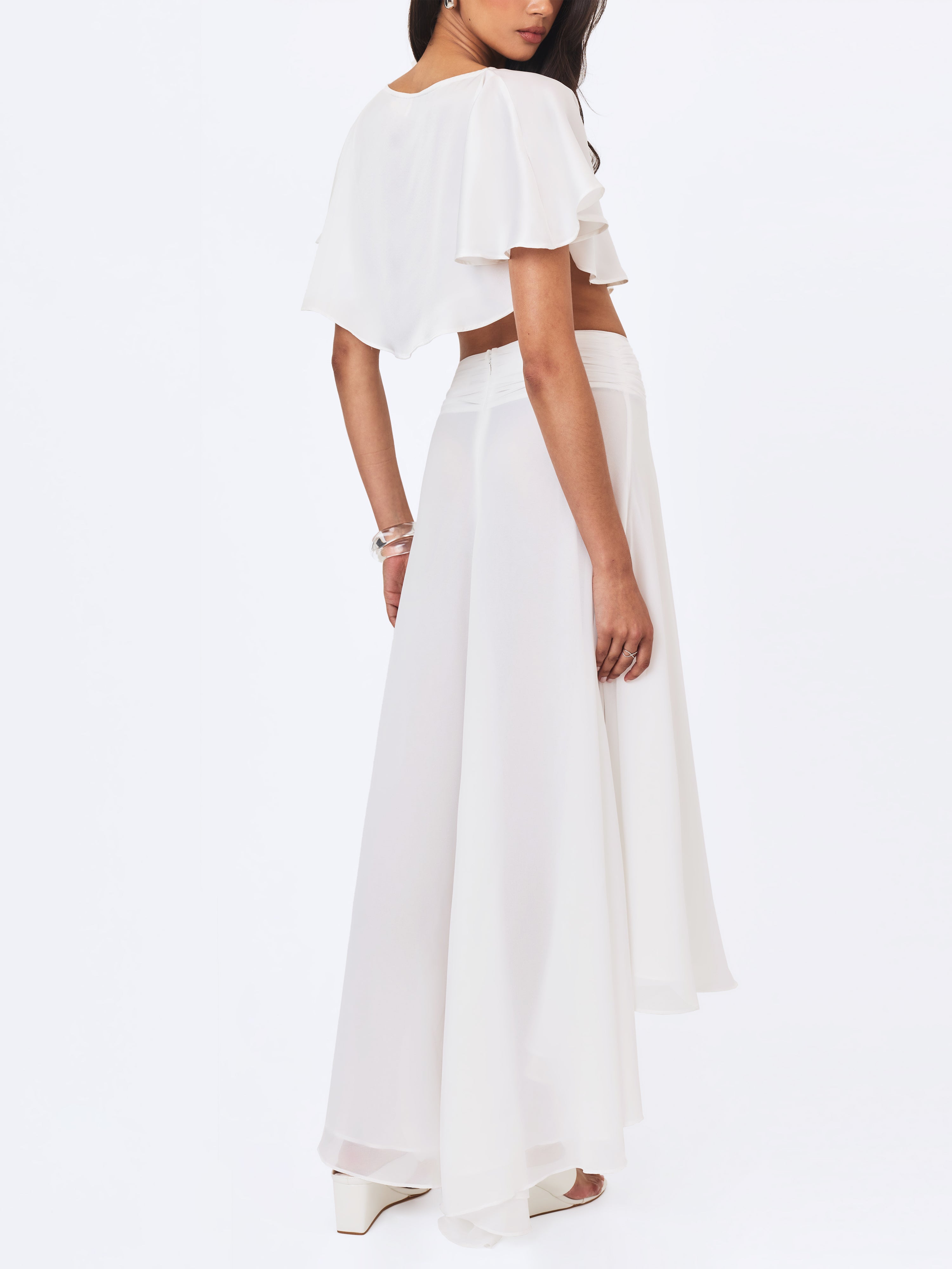 Yanna White Chiffon High-Low Maxi Skirt