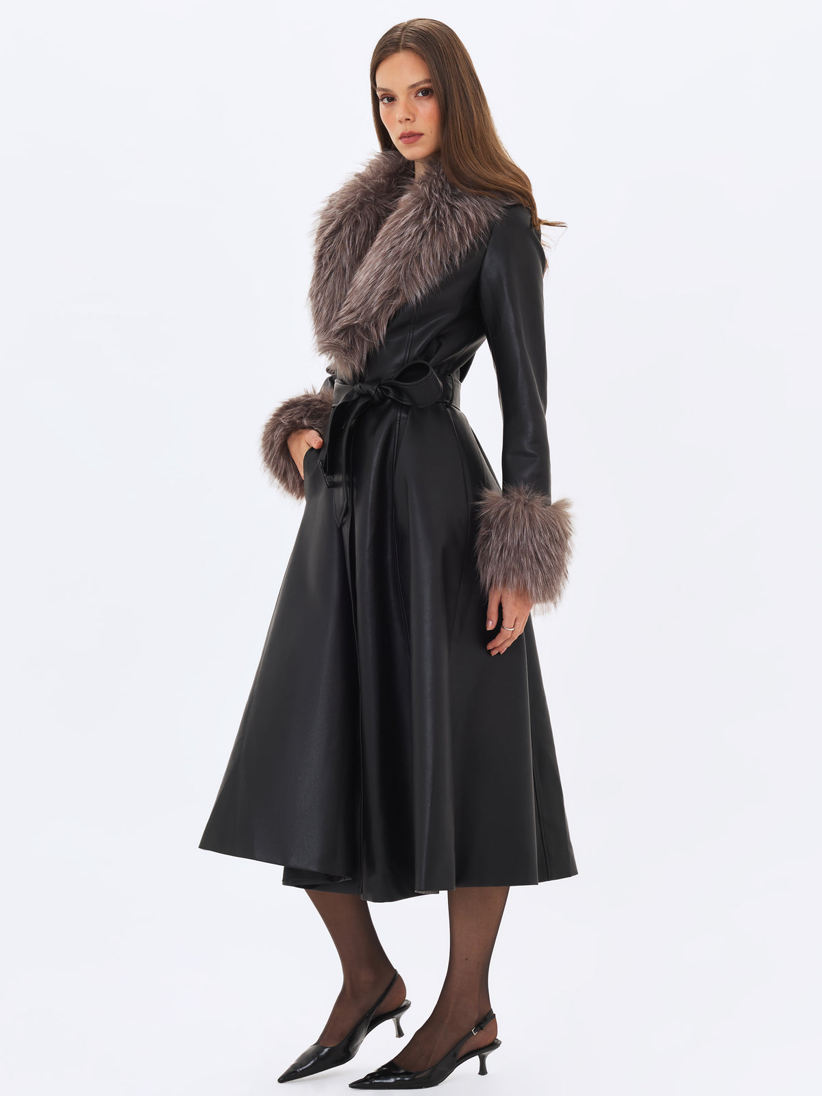 Nico Black Faux Leather Fur-Trimmed Belted A-Line Midi Coat
