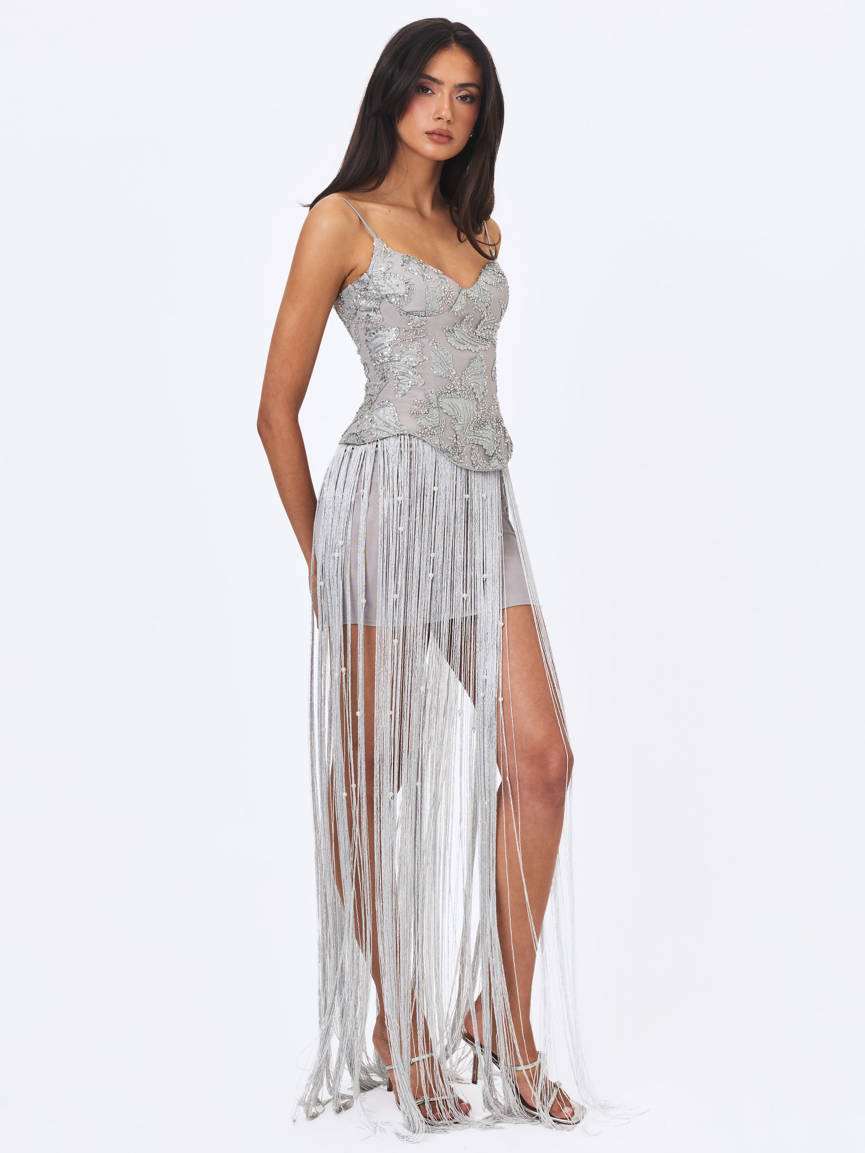 Olisa Silver Beaded Peplum Tassel Maxi Dress