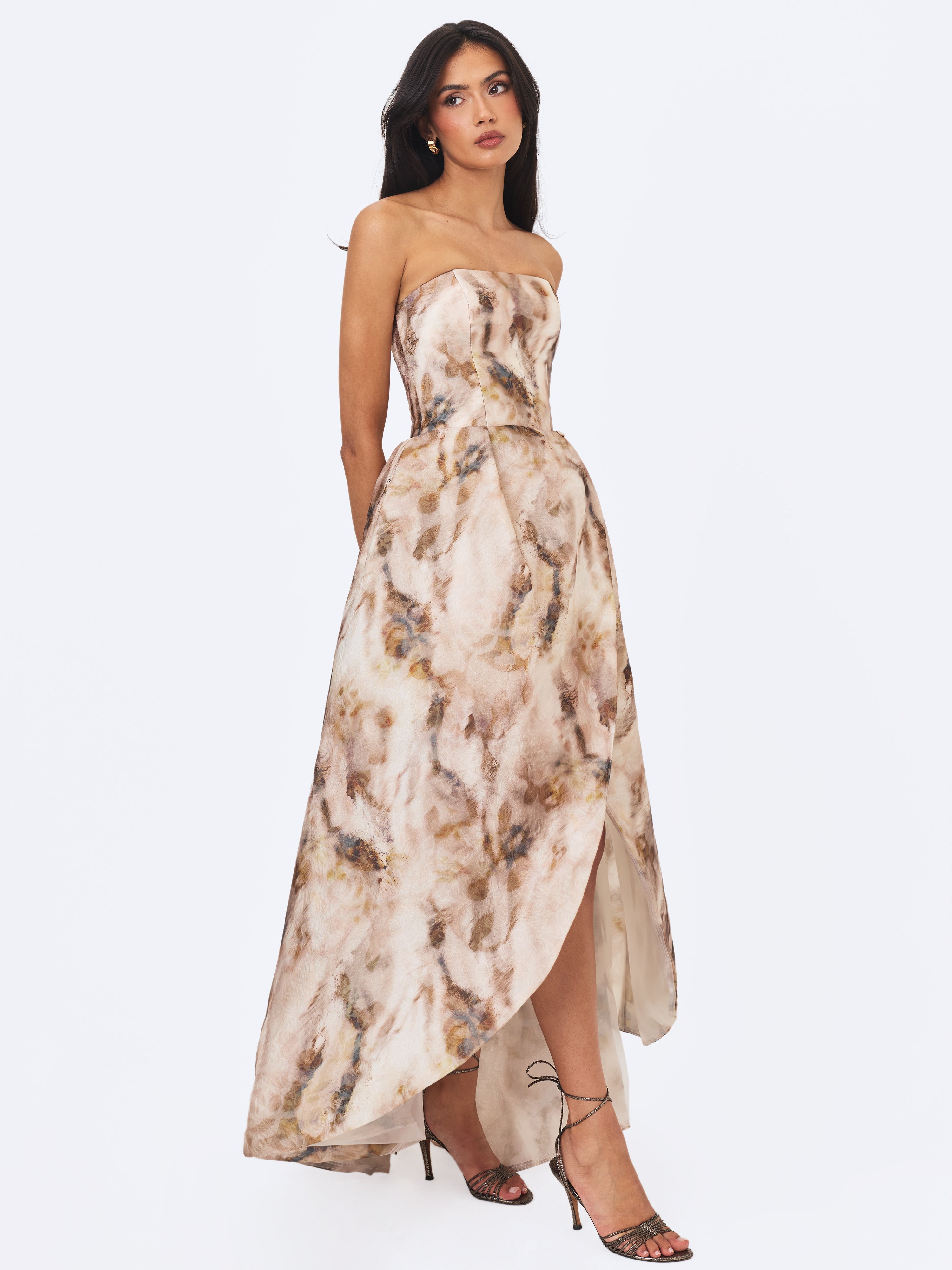 Micaela Camel Watercolor Jacquard Chiffon Dipped Hem Gown