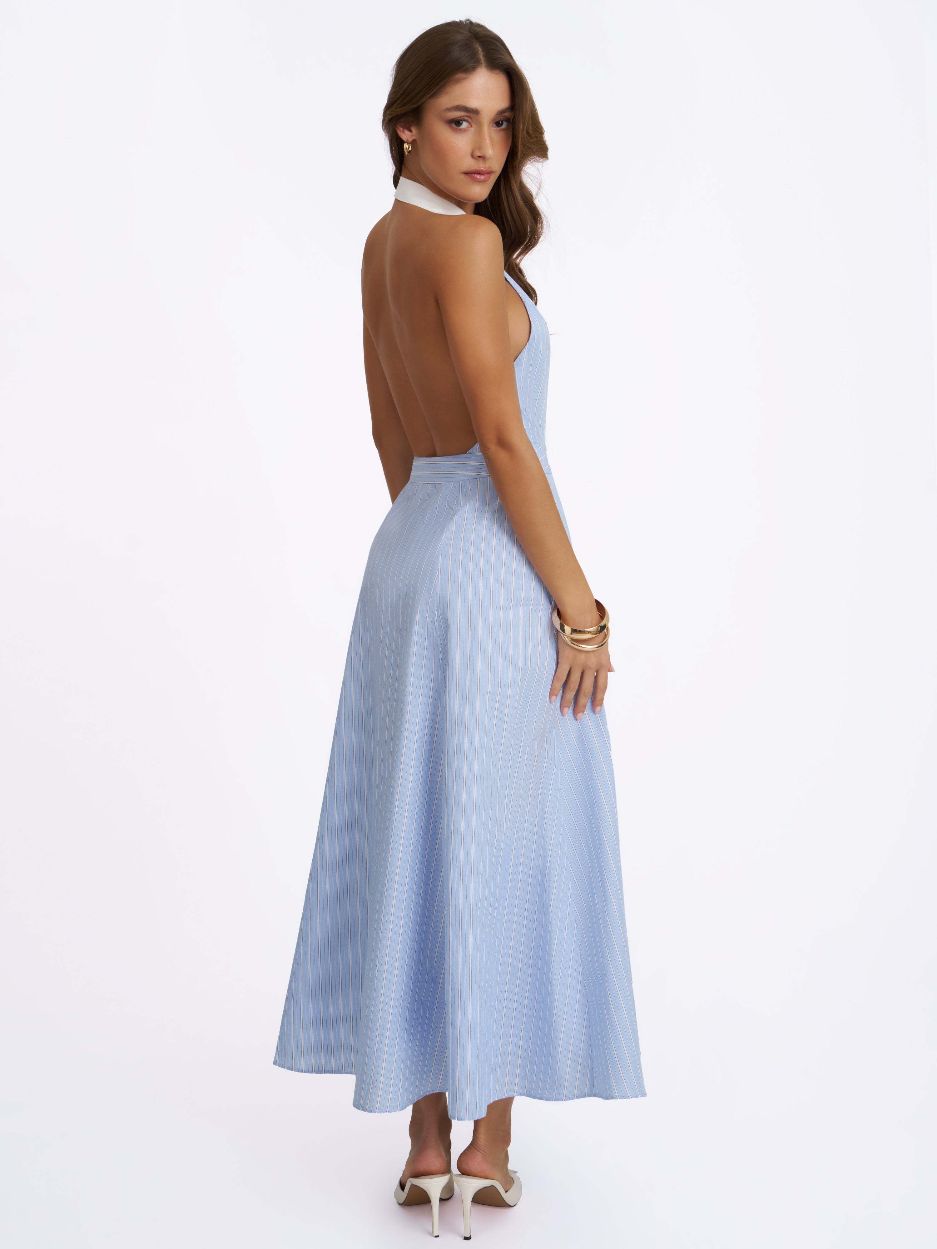 Winslet Sky Blue Striped Cotton Poplin Halter Maxi Dress