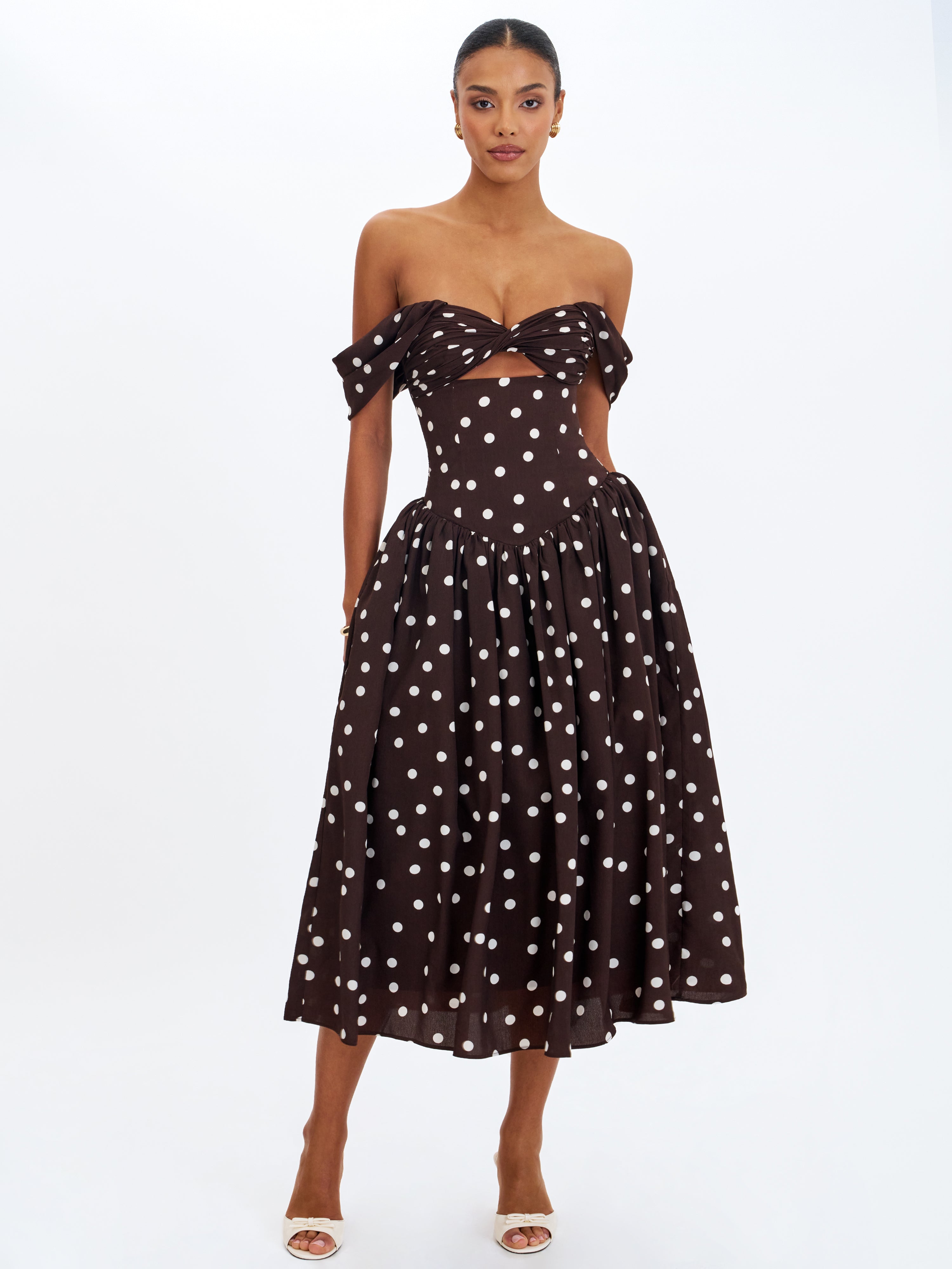 Xandie Mocha Polka Dot Off-Shoulder Midi Dress