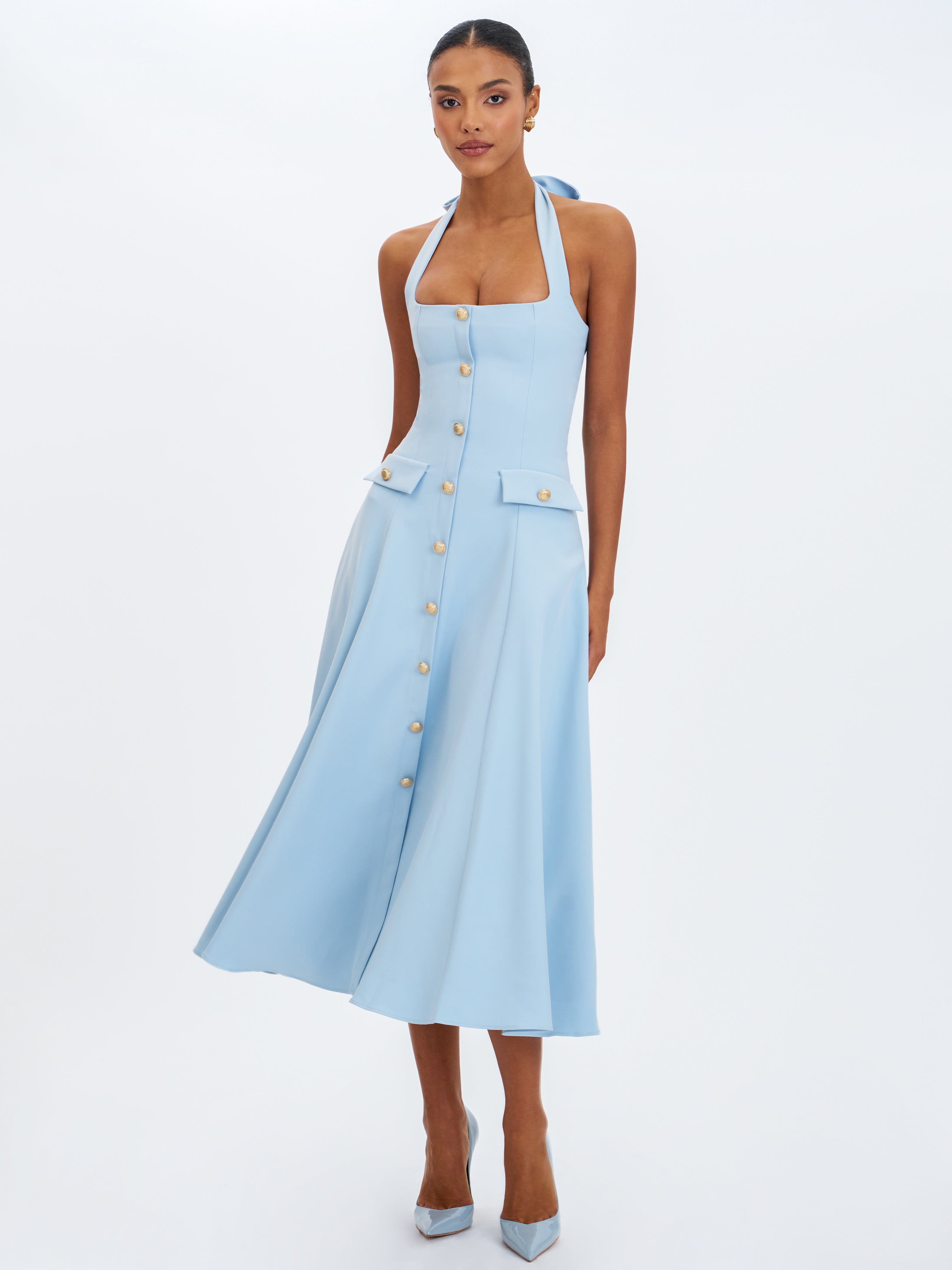 Gillian Mist Blue Halter A-Line Midi Dress