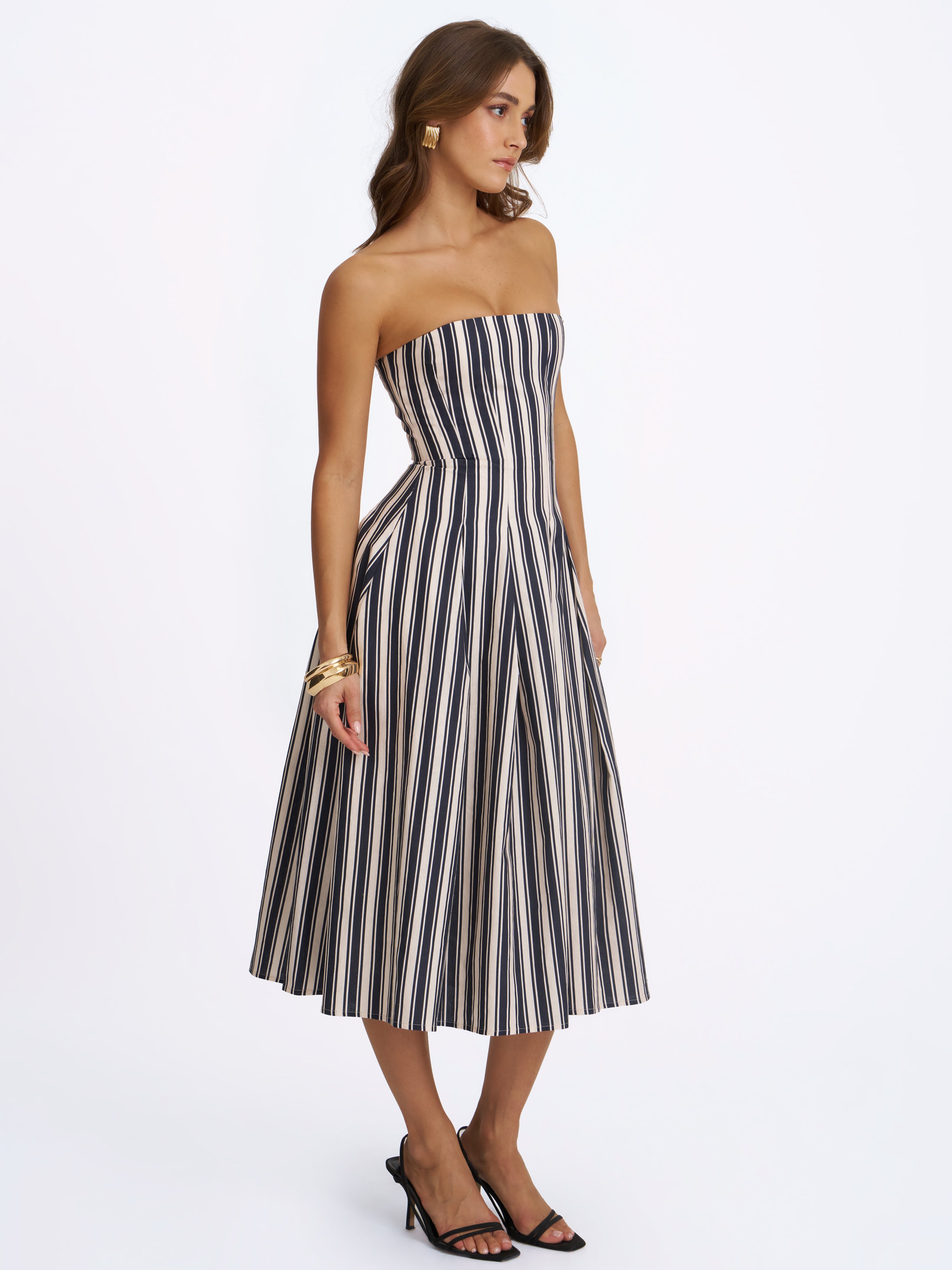 Wyanne Black & White Linen Striped Strapless Midi Dress