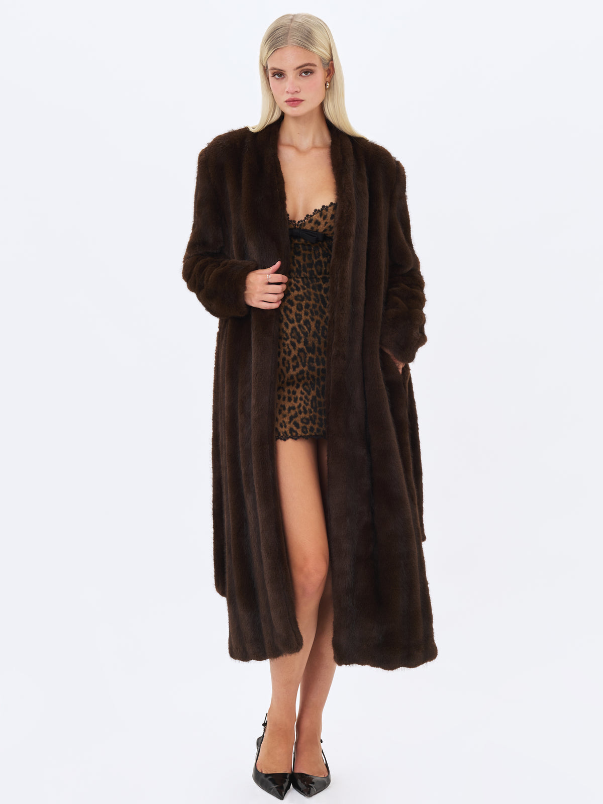 Celine Espresso Faux Mink Belted Longline Coat