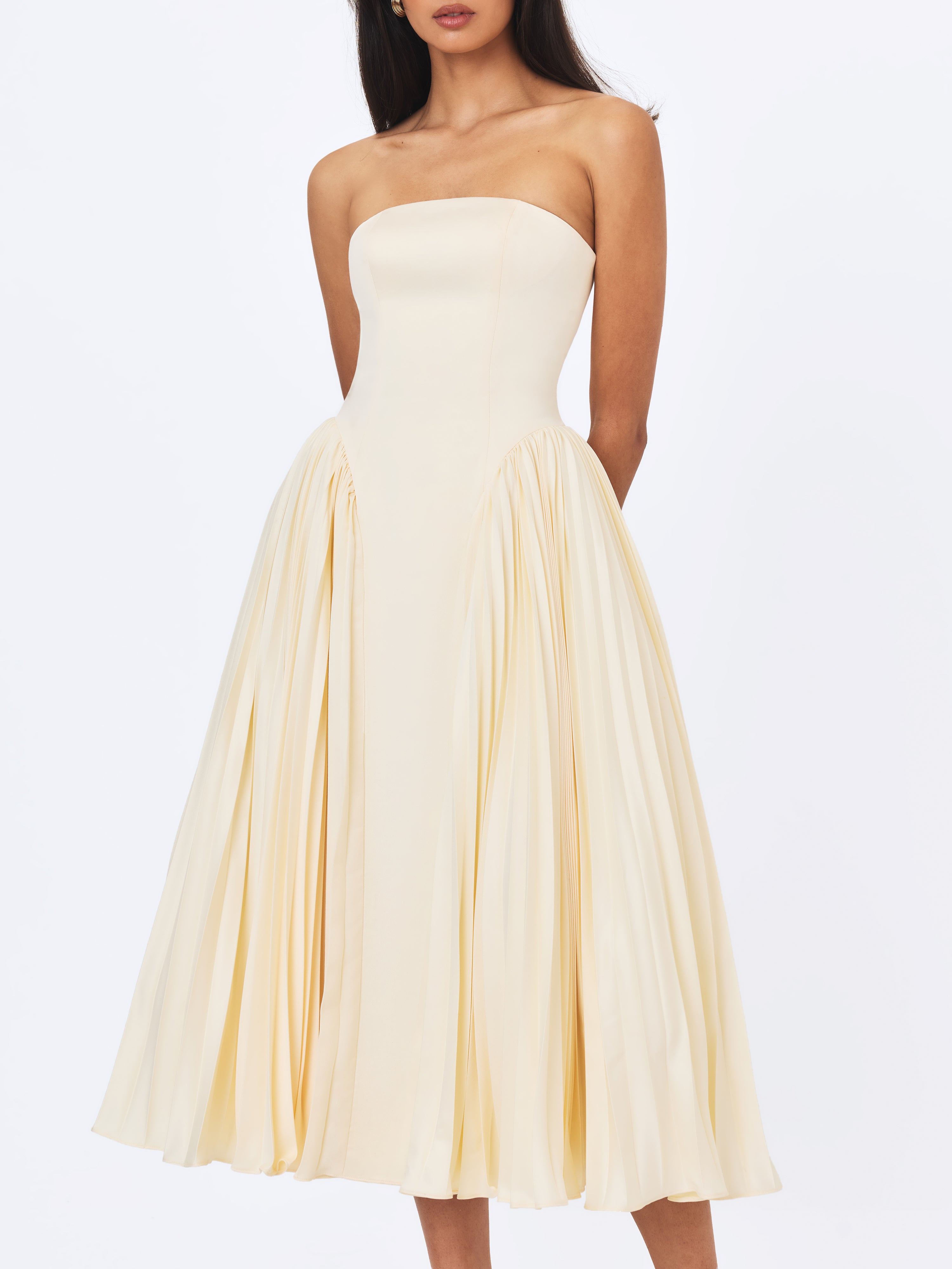 Marnie Butter Yellow Pleated Satin Midi Dress