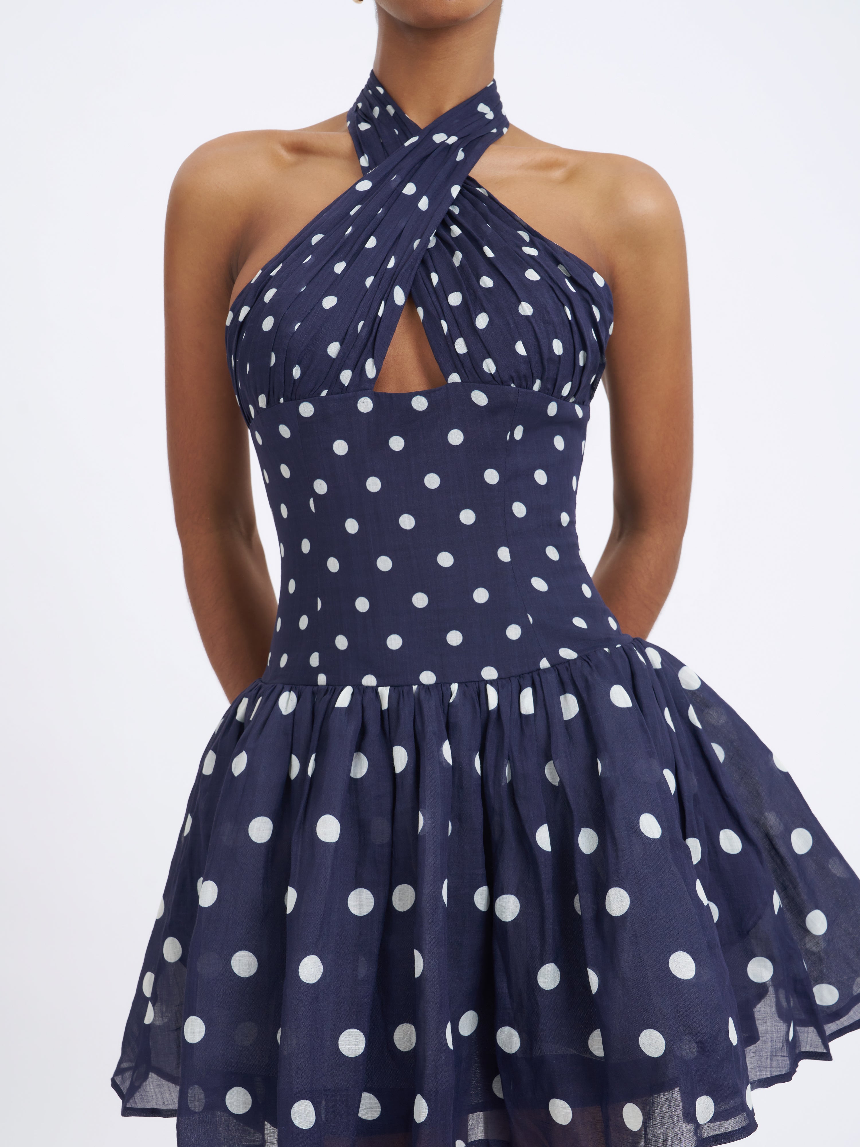 Yamina Navy Polka Dot Ramie Crossover Halter Gathered Mini Dress