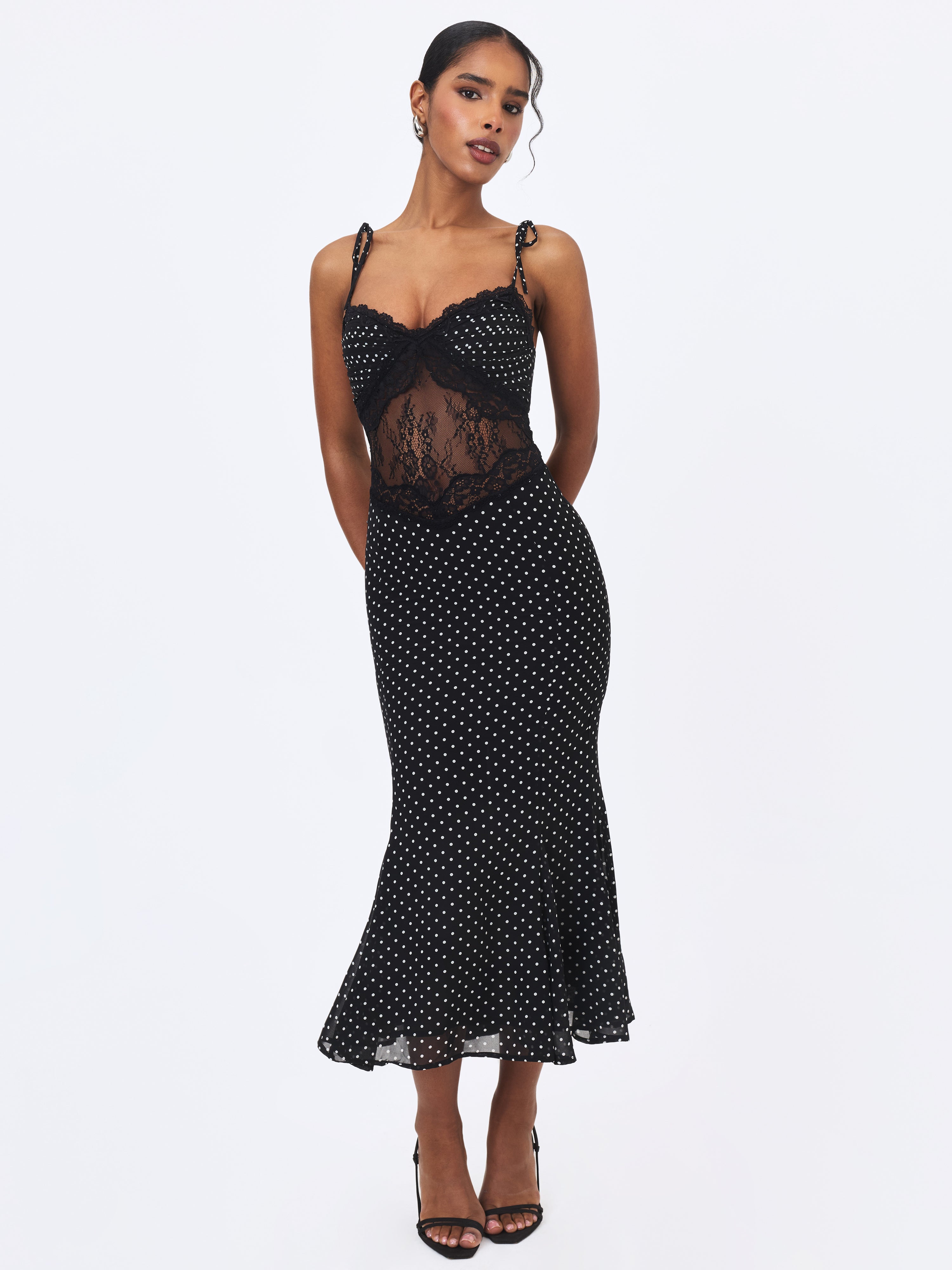 Zehra Black Polka Dot Chiffon Lace Cutout Mermaid Midi Dress