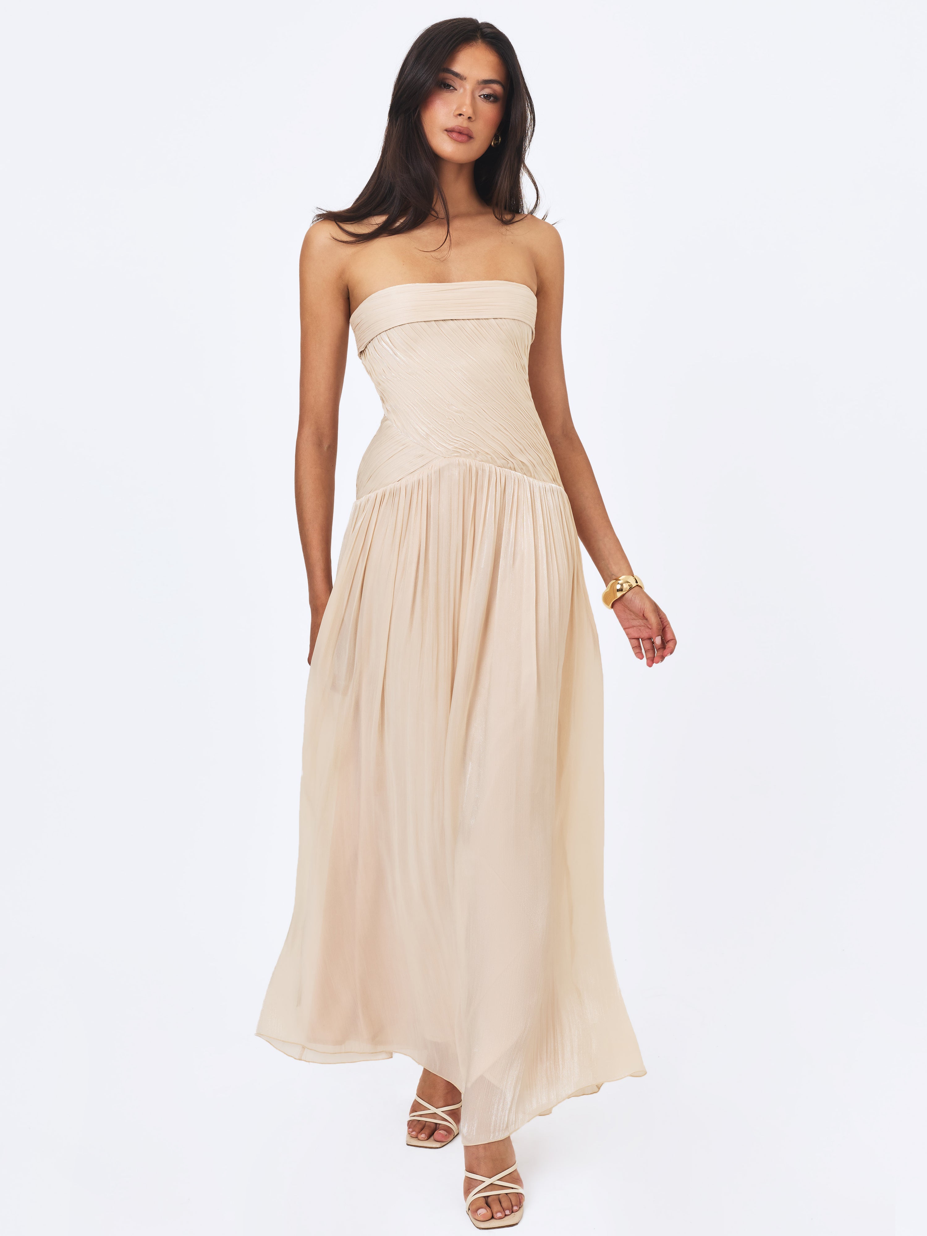 Olivine Light Beige Crystal Organza Strapless Maxi Dress