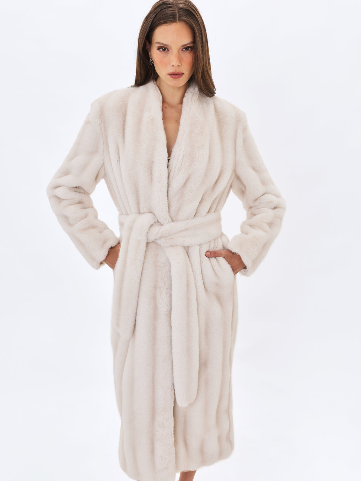 Celine Soft White Faux Mink Belted Longline Coat