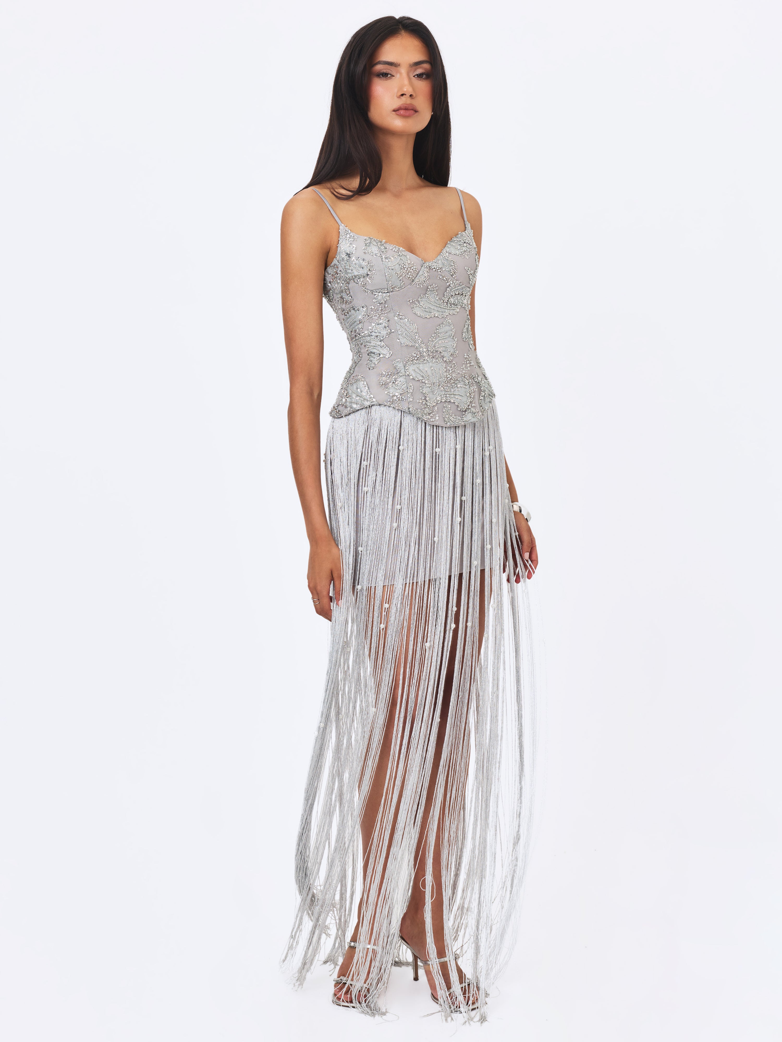 Olisa Silver Beaded Peplum Tassel Maxi Dress