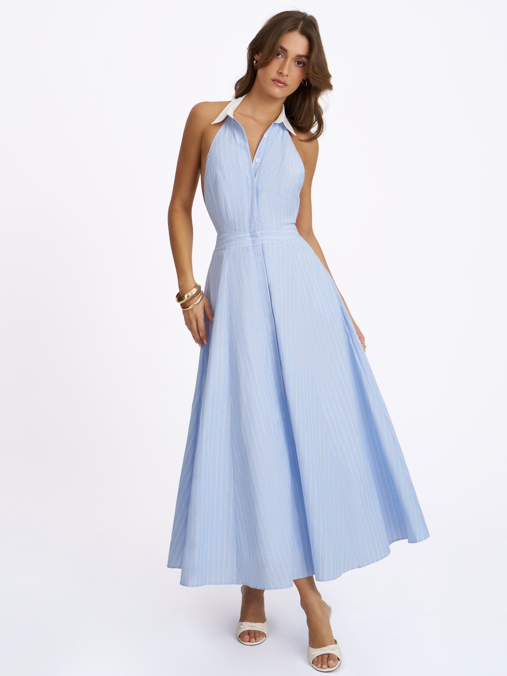 Winslet Sky Blue Striped Cotton Poplin Halter Maxi Dress - M / US 6-8