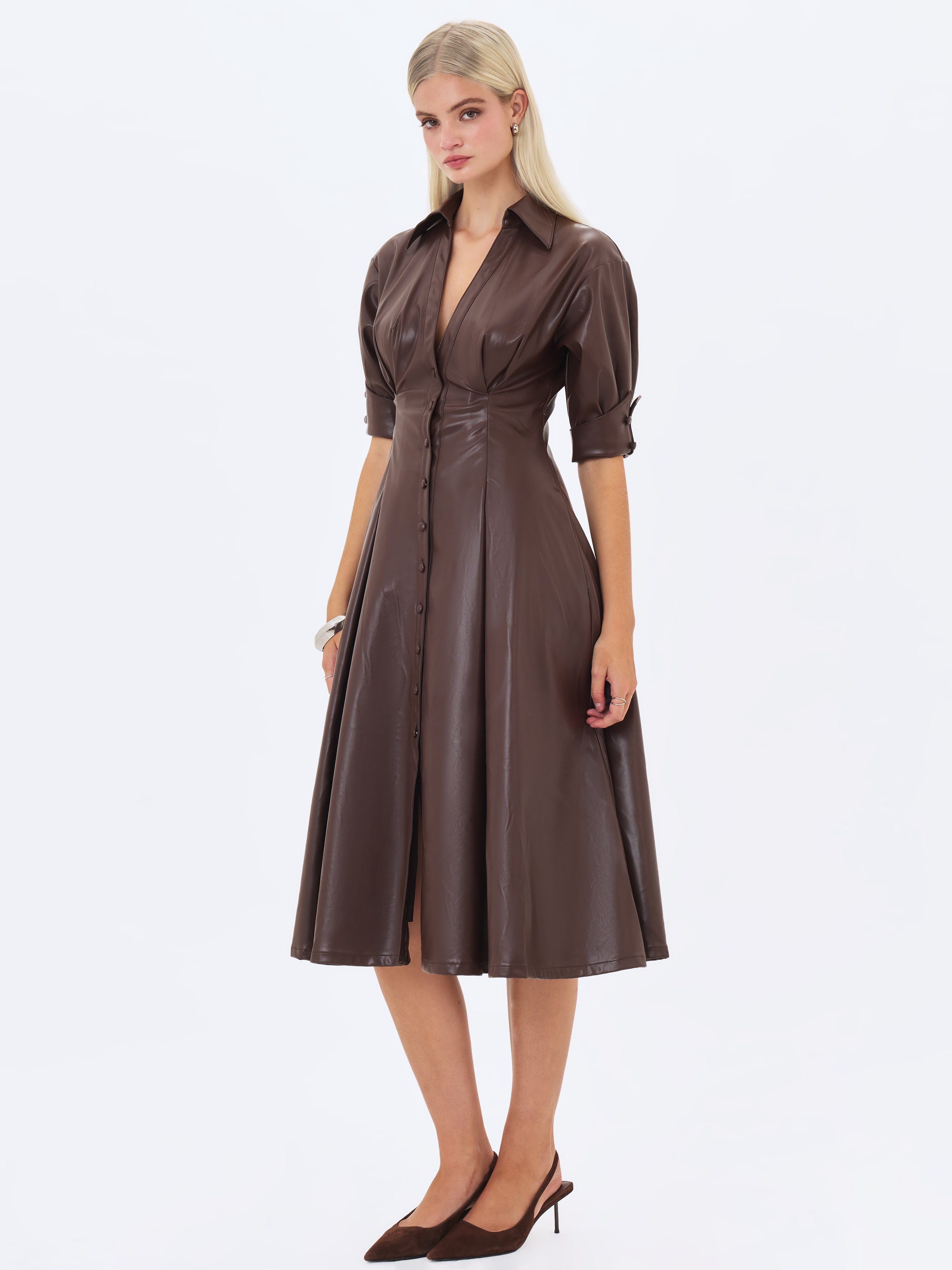 Vilda Espresso Brown Faux Leather Pleated Midi Dress
