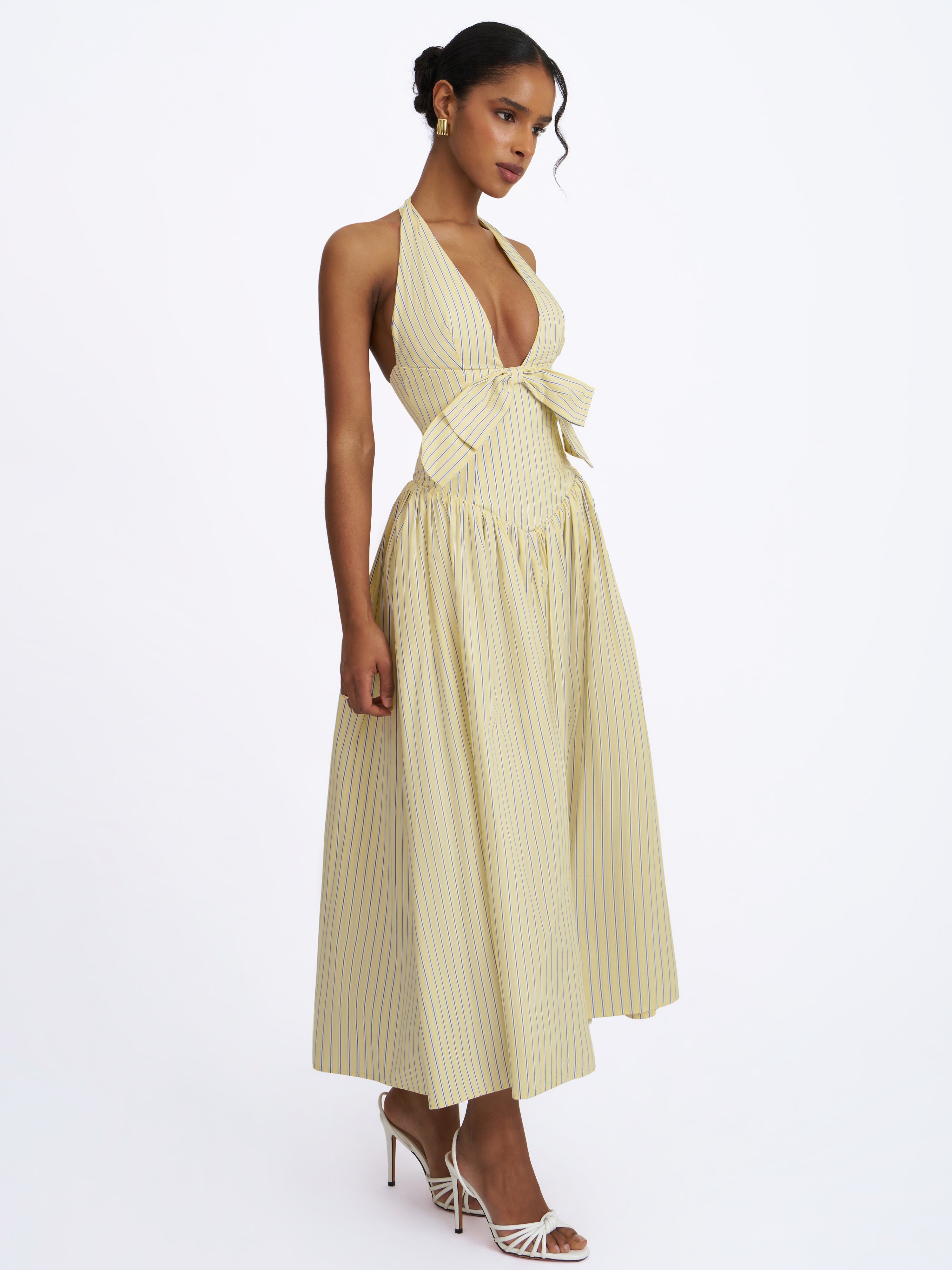 Talise Lemon Yellow Cotton Poplin Stripe Plunging Halter Maxi Dress