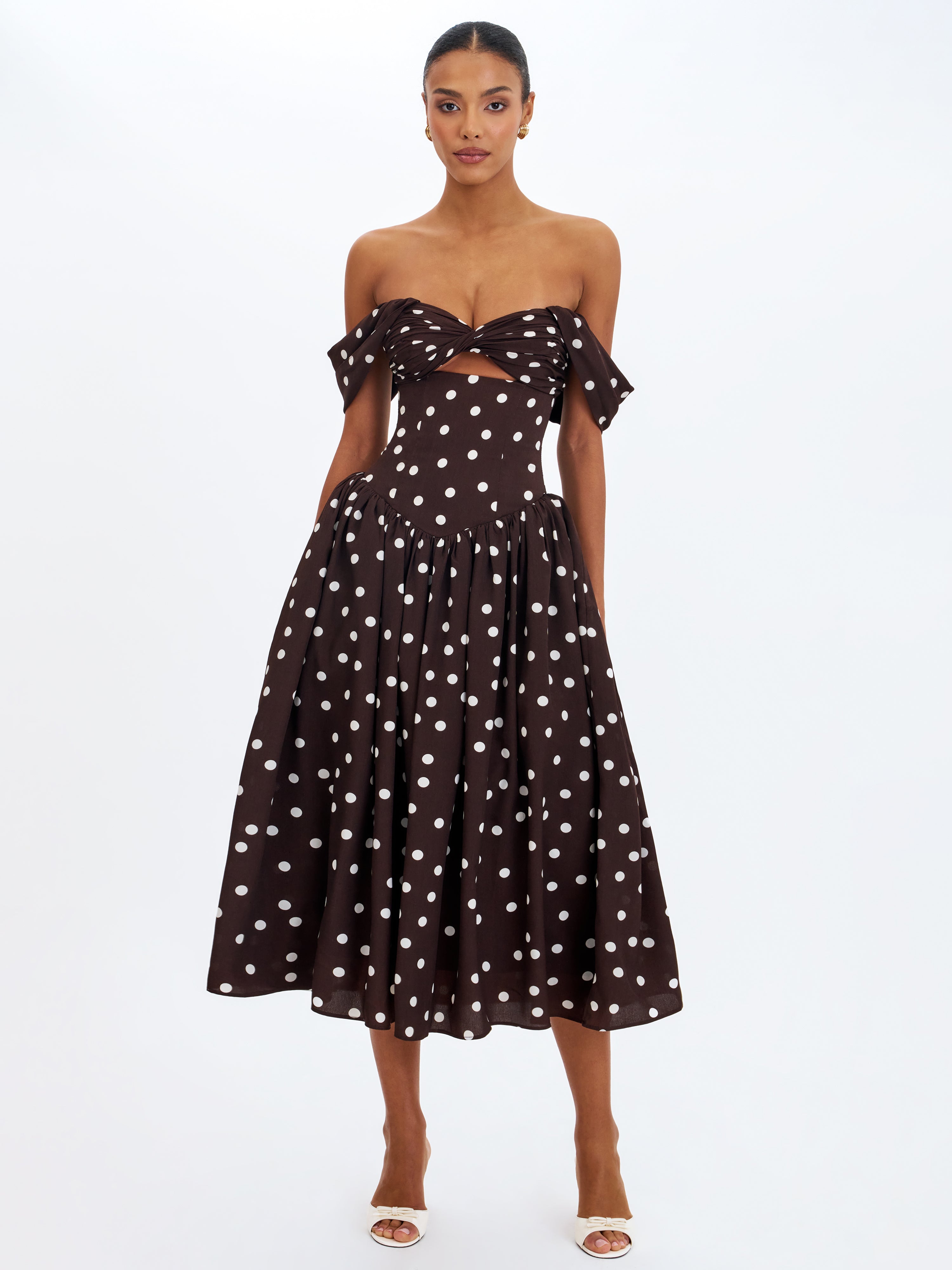 Xandie Mocha Polka Dot Off-Shoulder Midi Dress
