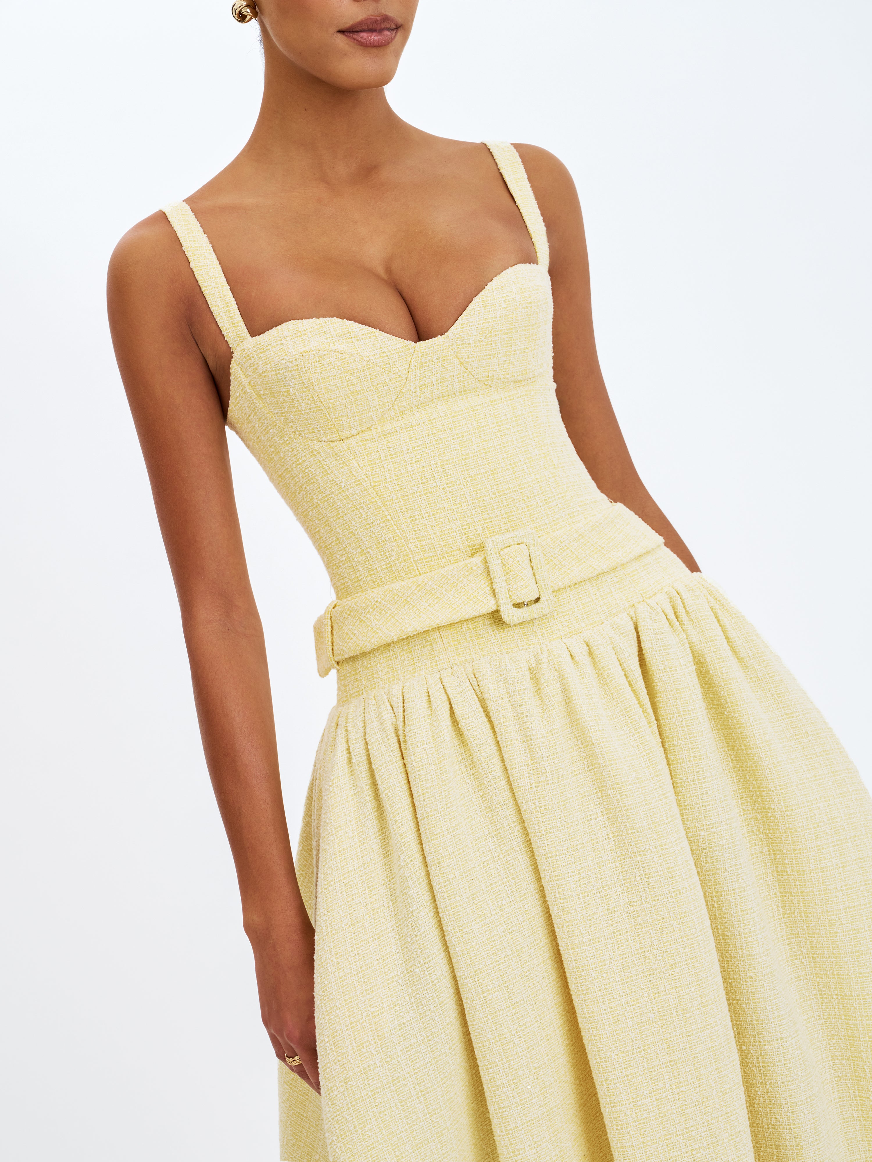 Tiana Butter Yellow Sweetheart Belted Midi Dress