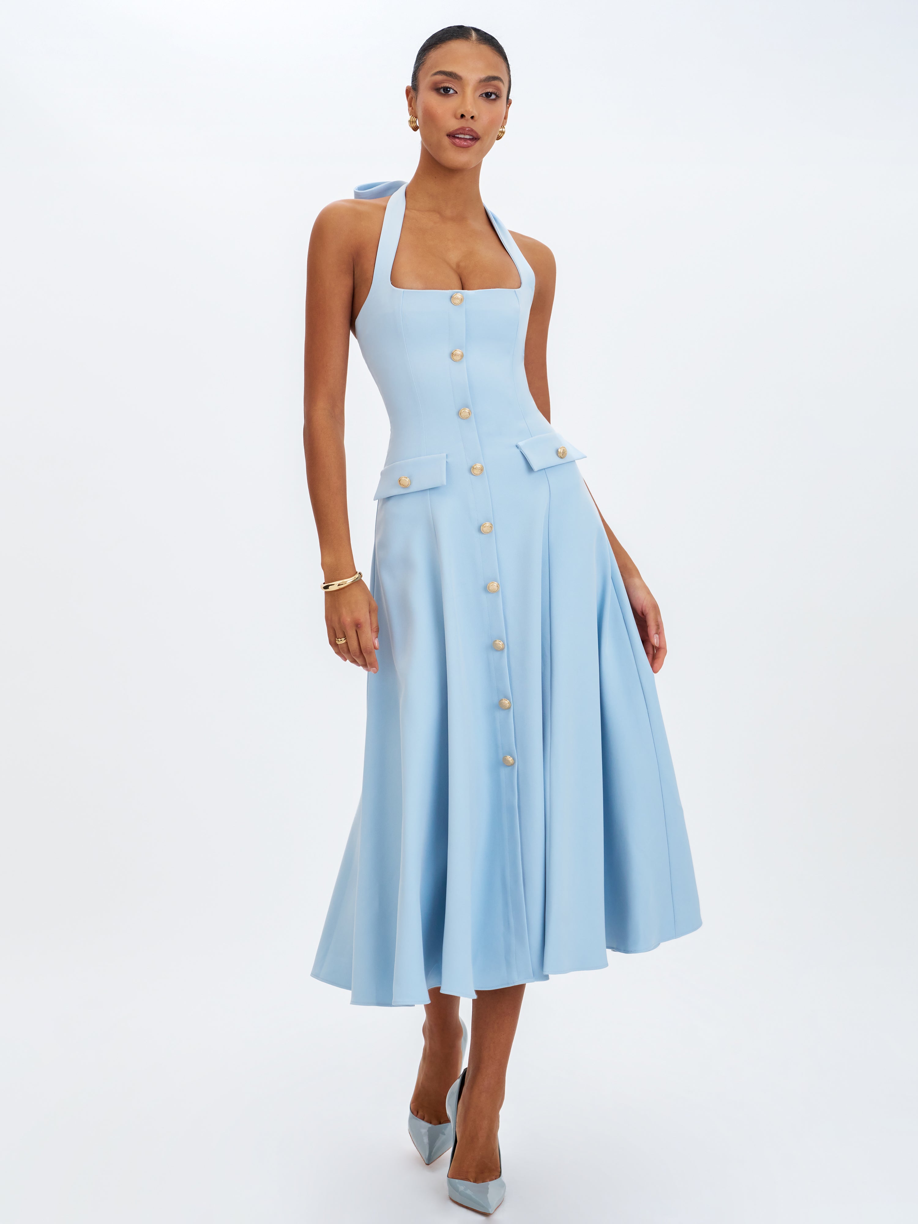 Gillian Mist Blue Halter A-Line Midi Dress