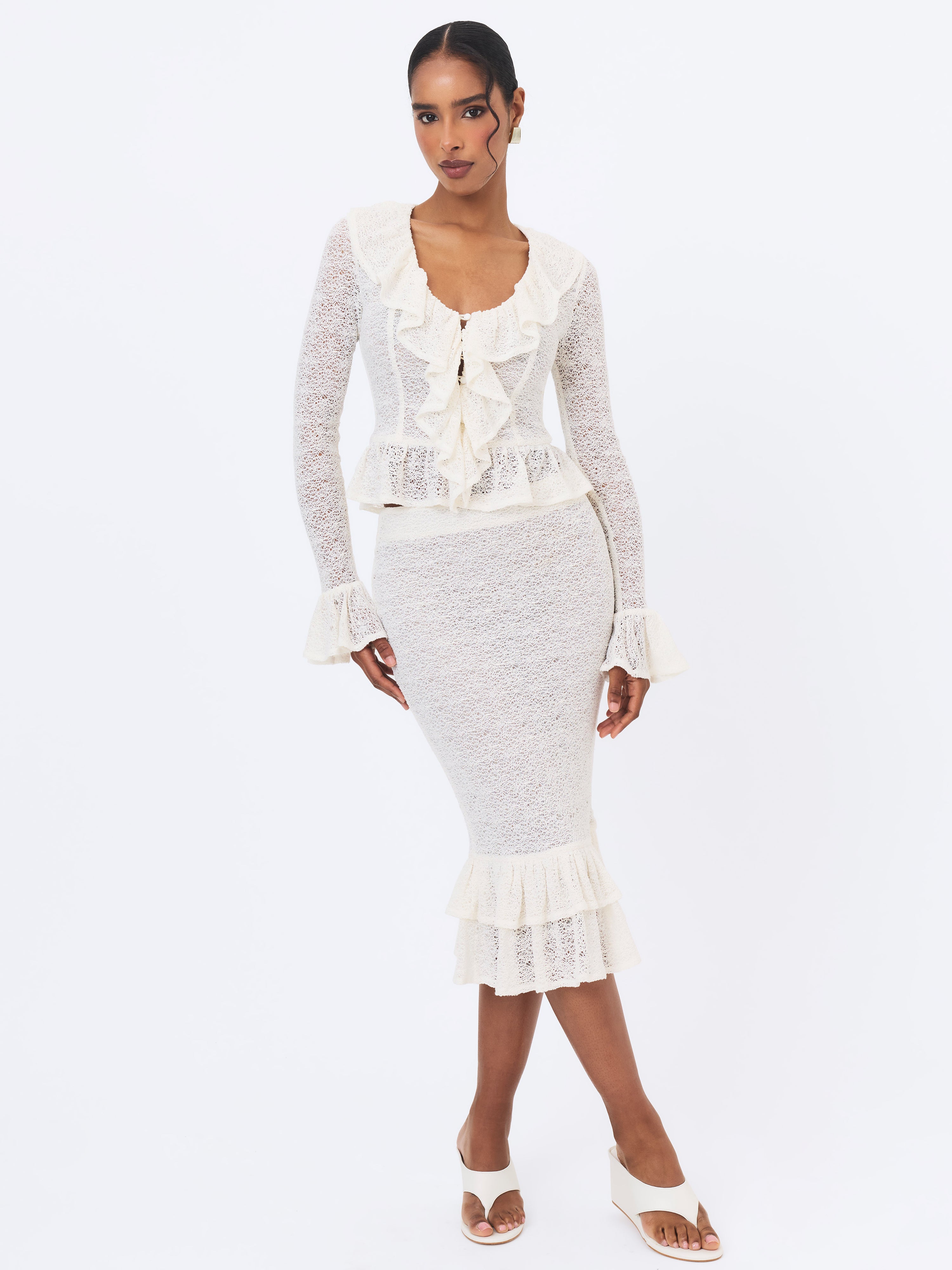 Urva Ivory Crochet Ruffle Front Button Top