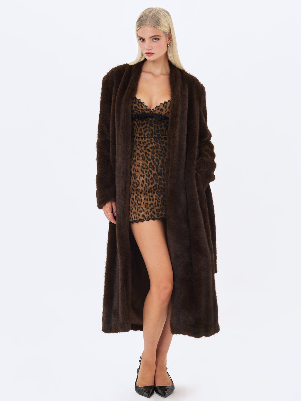 Celine Espresso Faux Mink Belted Longline Coat