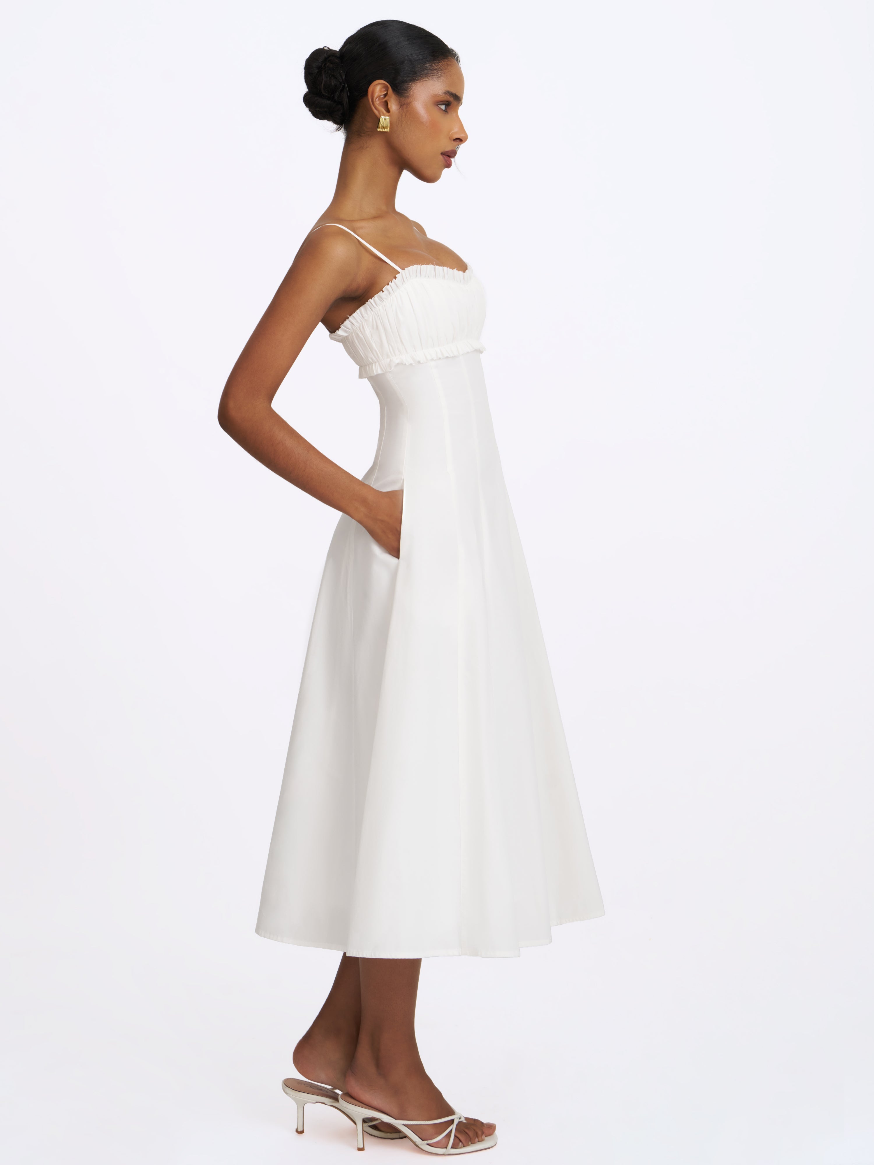 Vicenta White Cotton Poplin Ruched Midi Dress