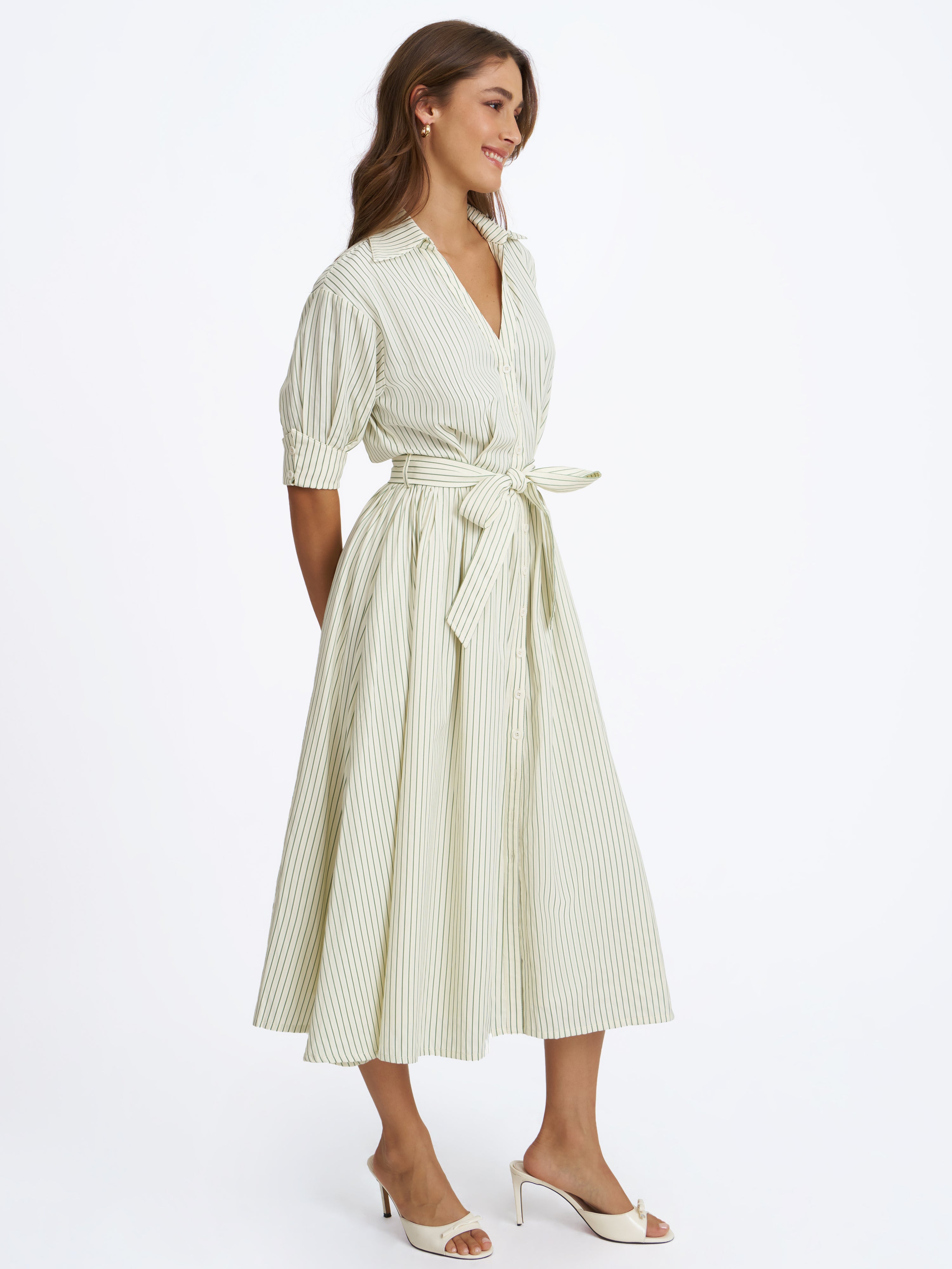 Danica Pine Green Bamboo Poplin Striped Shirt Midi Dress