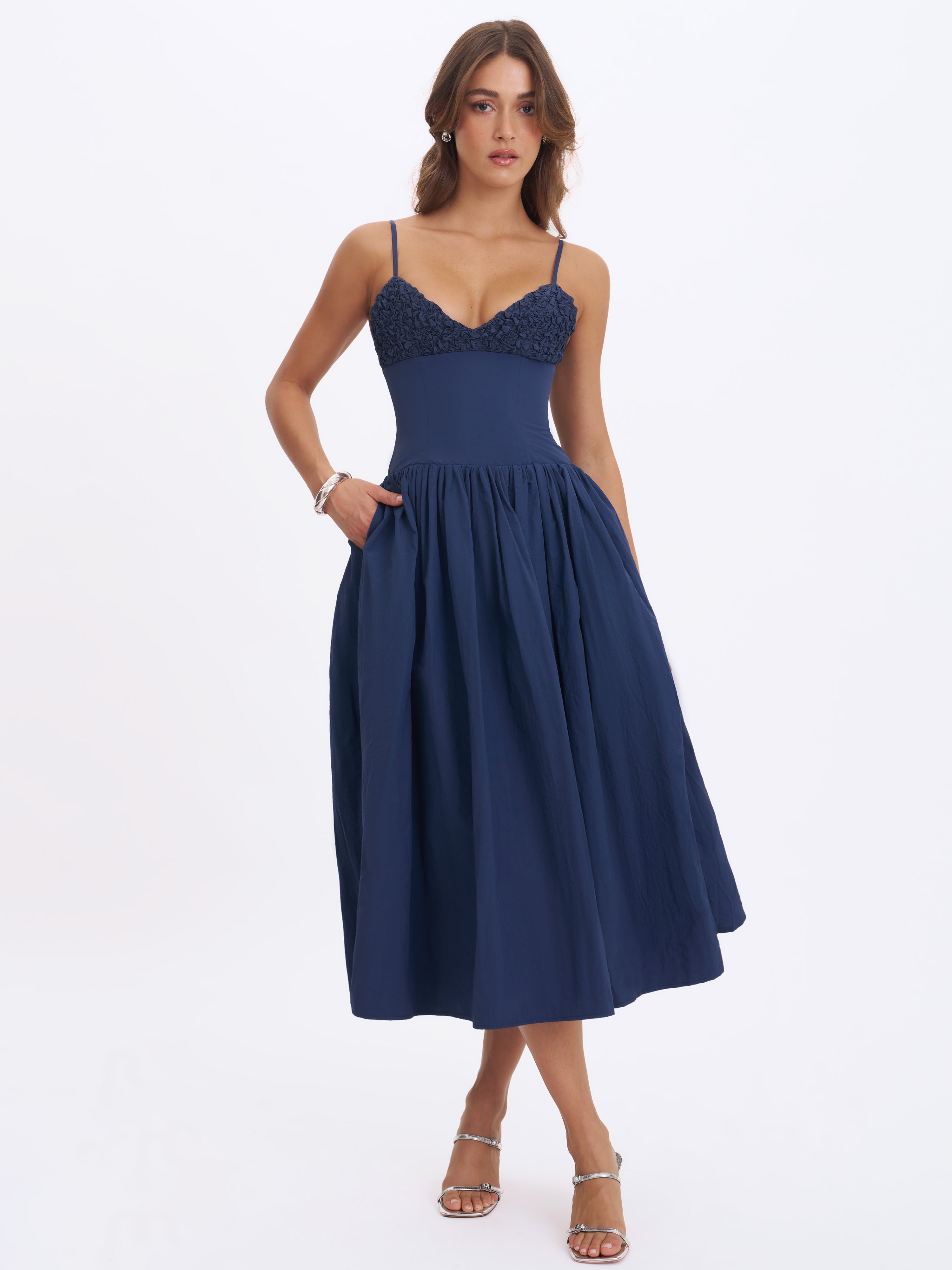 Ailani Navy Taffeta Smocked Midi Dress