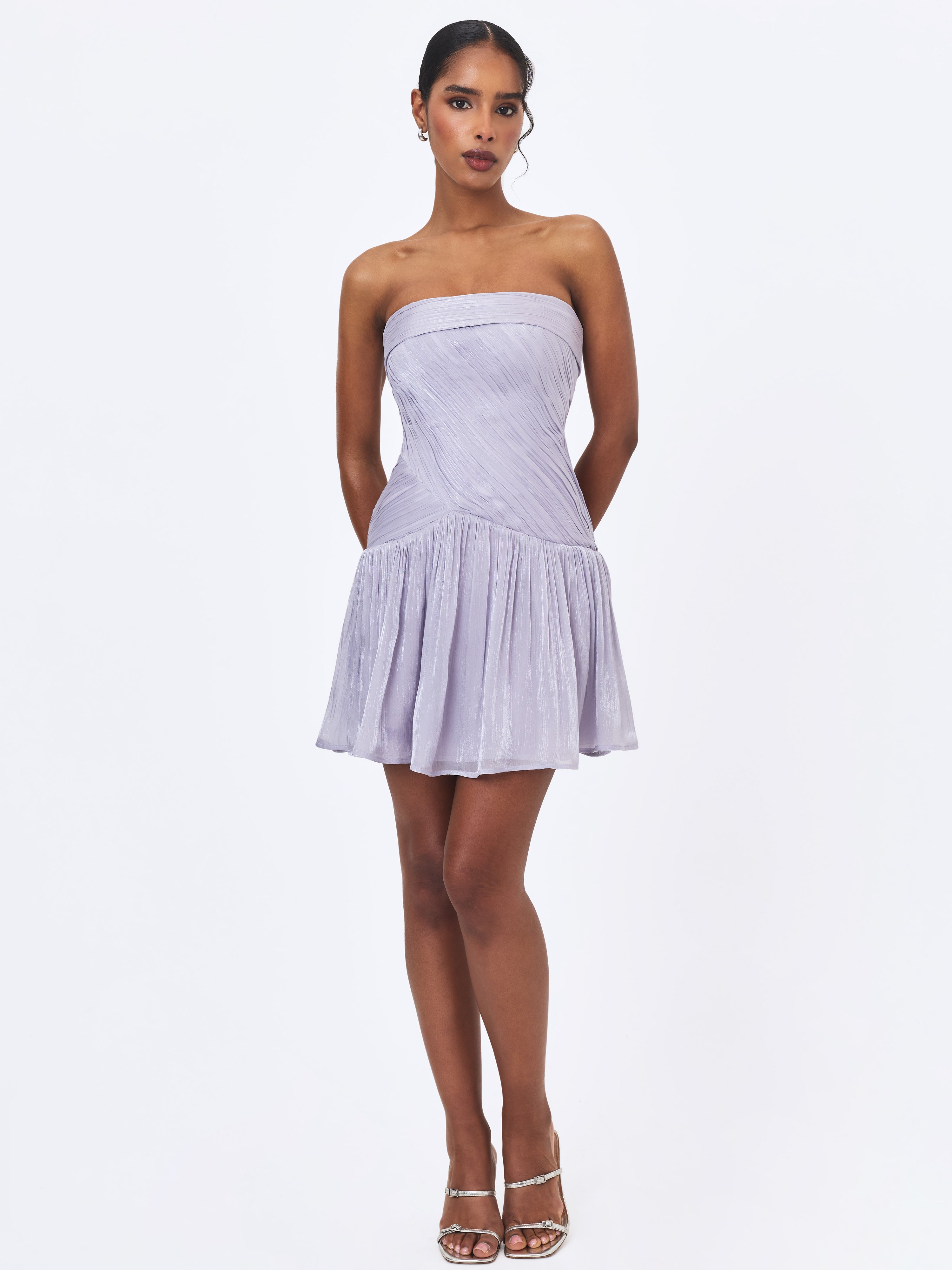 Yalena Lavender Crystal Organza Strapless Mini Dress