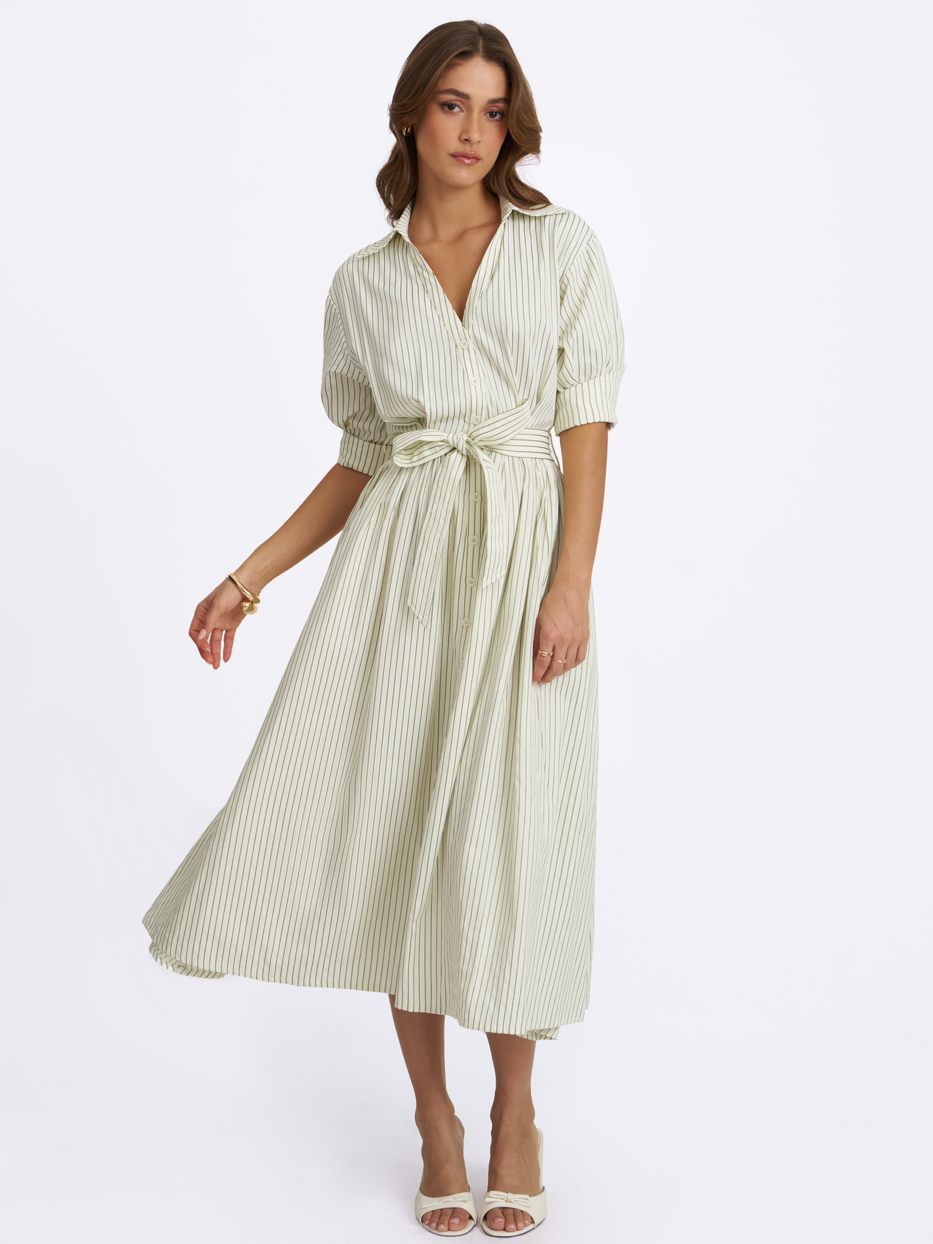 Danica Pine Green Bamboo Poplin Striped Shirt Midi Dress