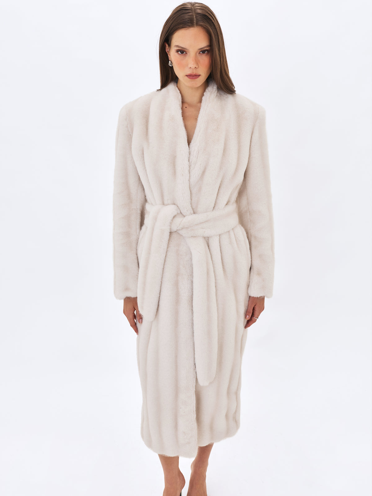Celine Soft White Faux Mink Belted Longline Coat