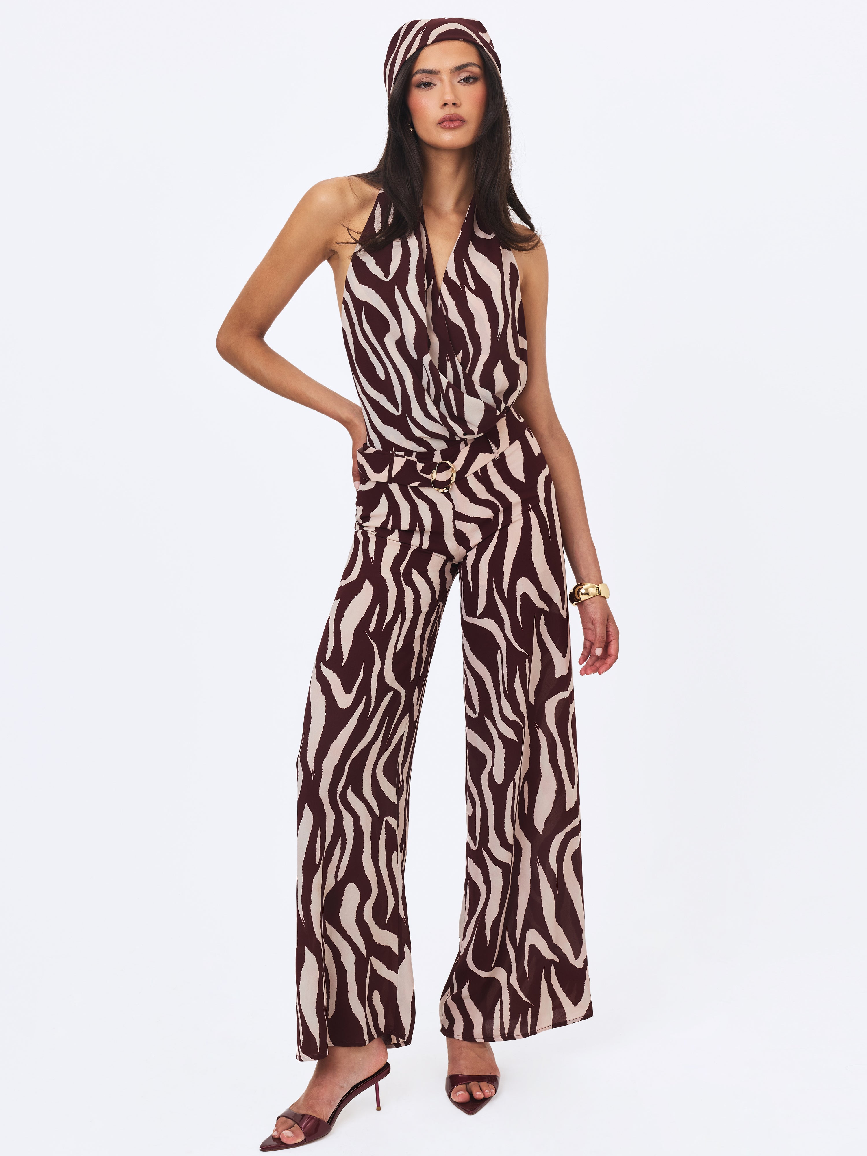 Ashlyn Burgundy & Beige Abstract Zebra Print Belted Halter Jumpsuit