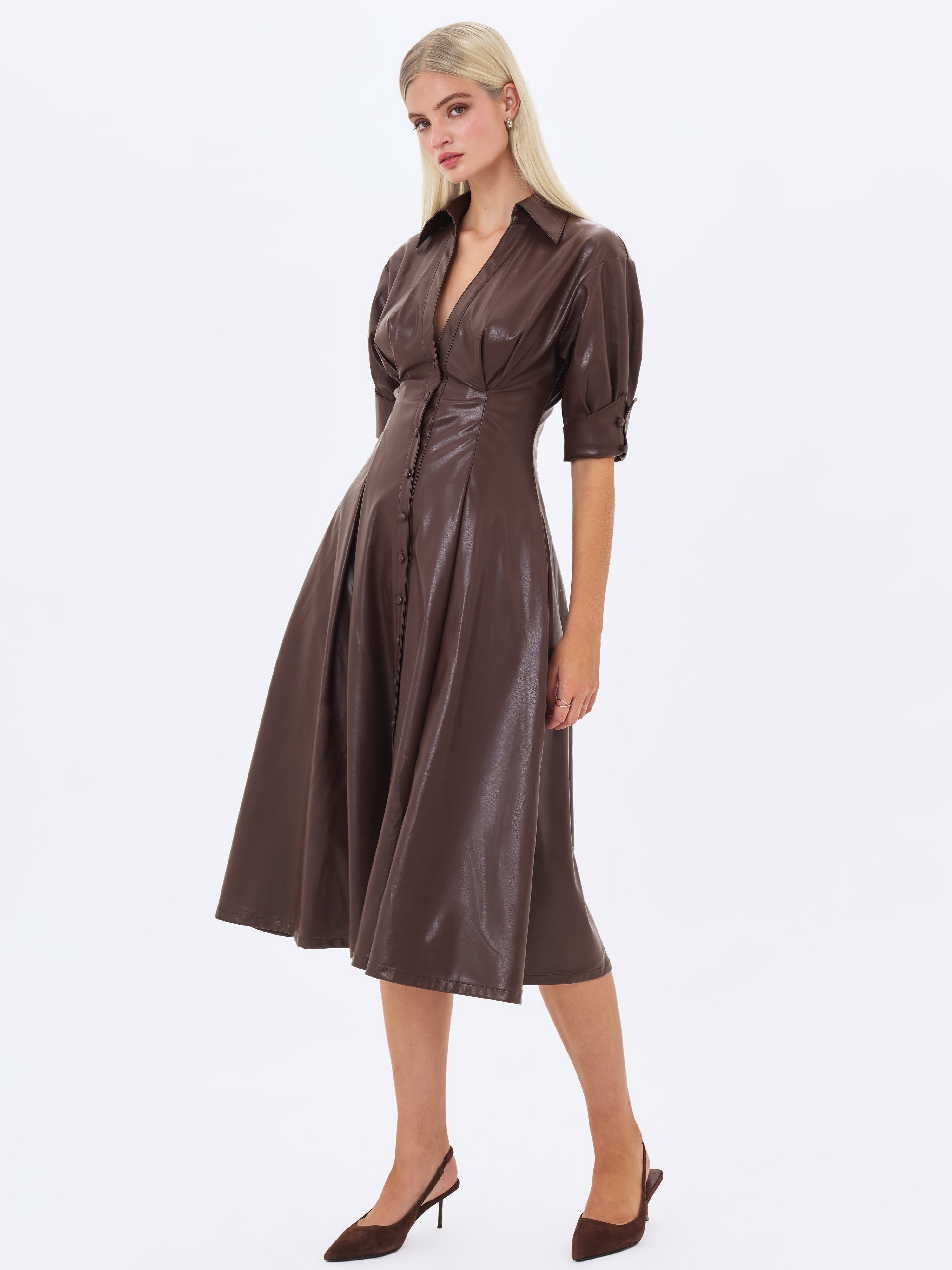 Vilda Espresso Brown Faux Leather Pleated Midi Dress