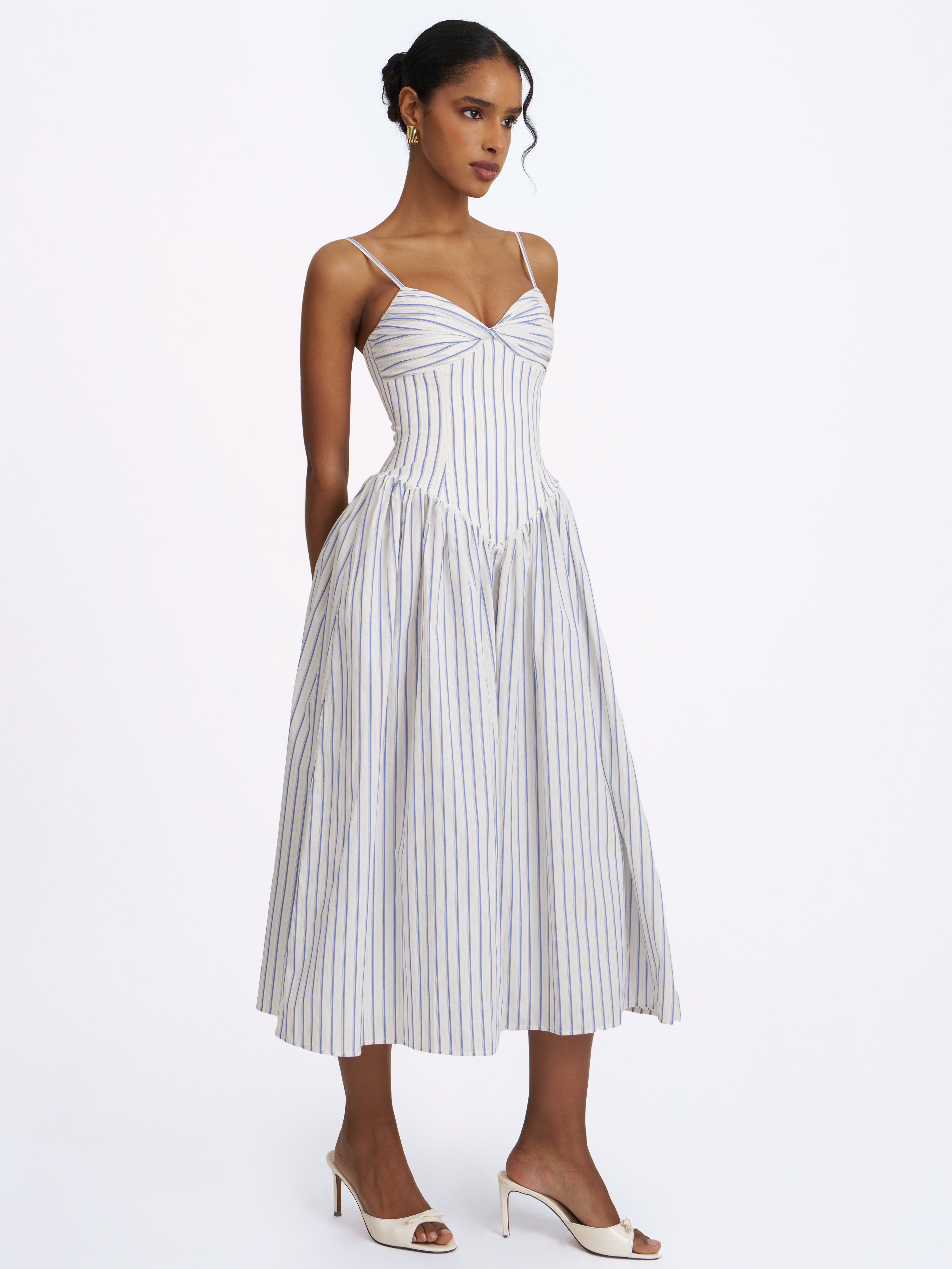Olea Sky Blue Striped Cotton Poplin Ruched Midi Dress