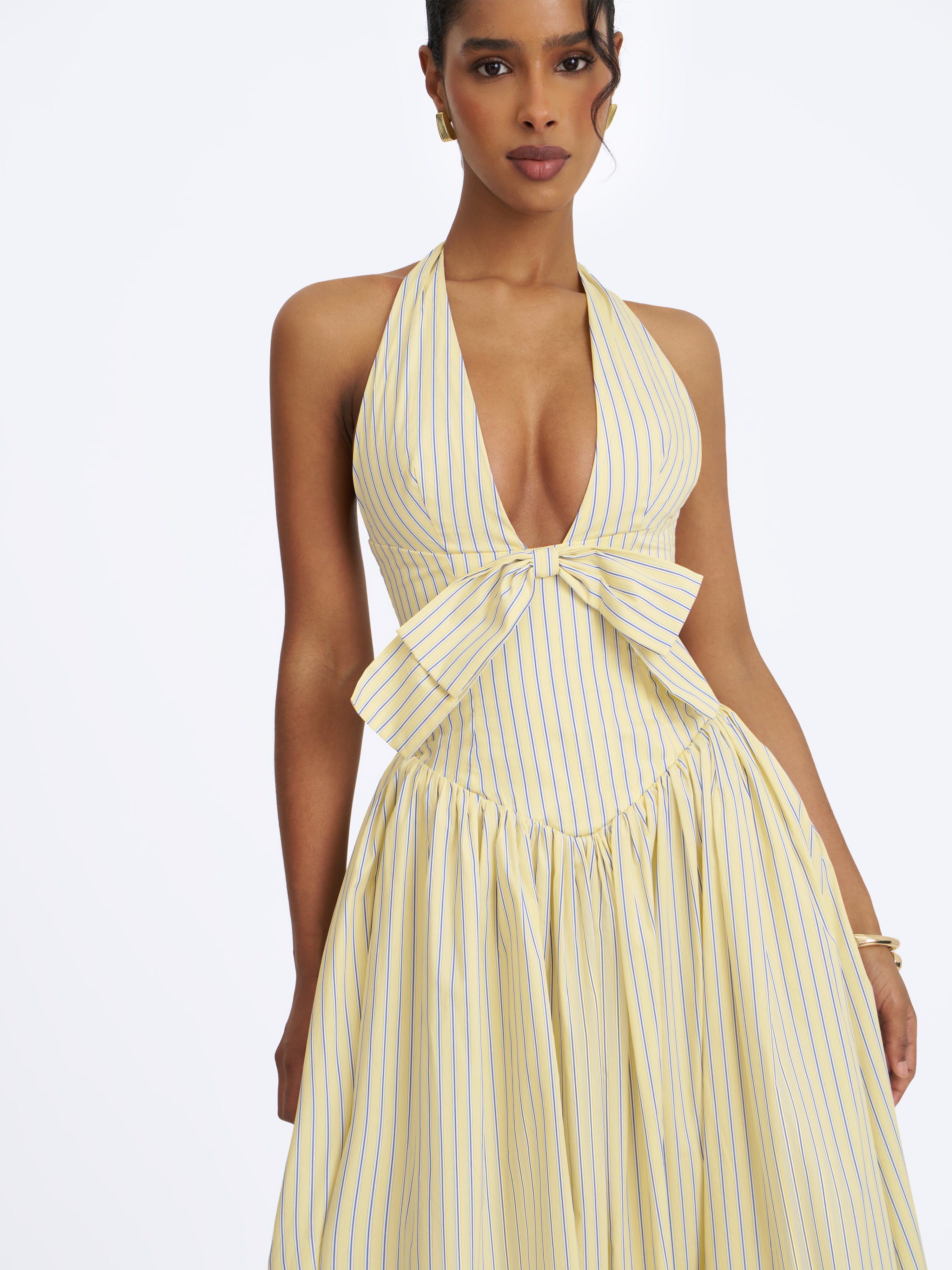 Talise Lemon Yellow Cotton Poplin Stripe Plunging Halter Maxi Dress