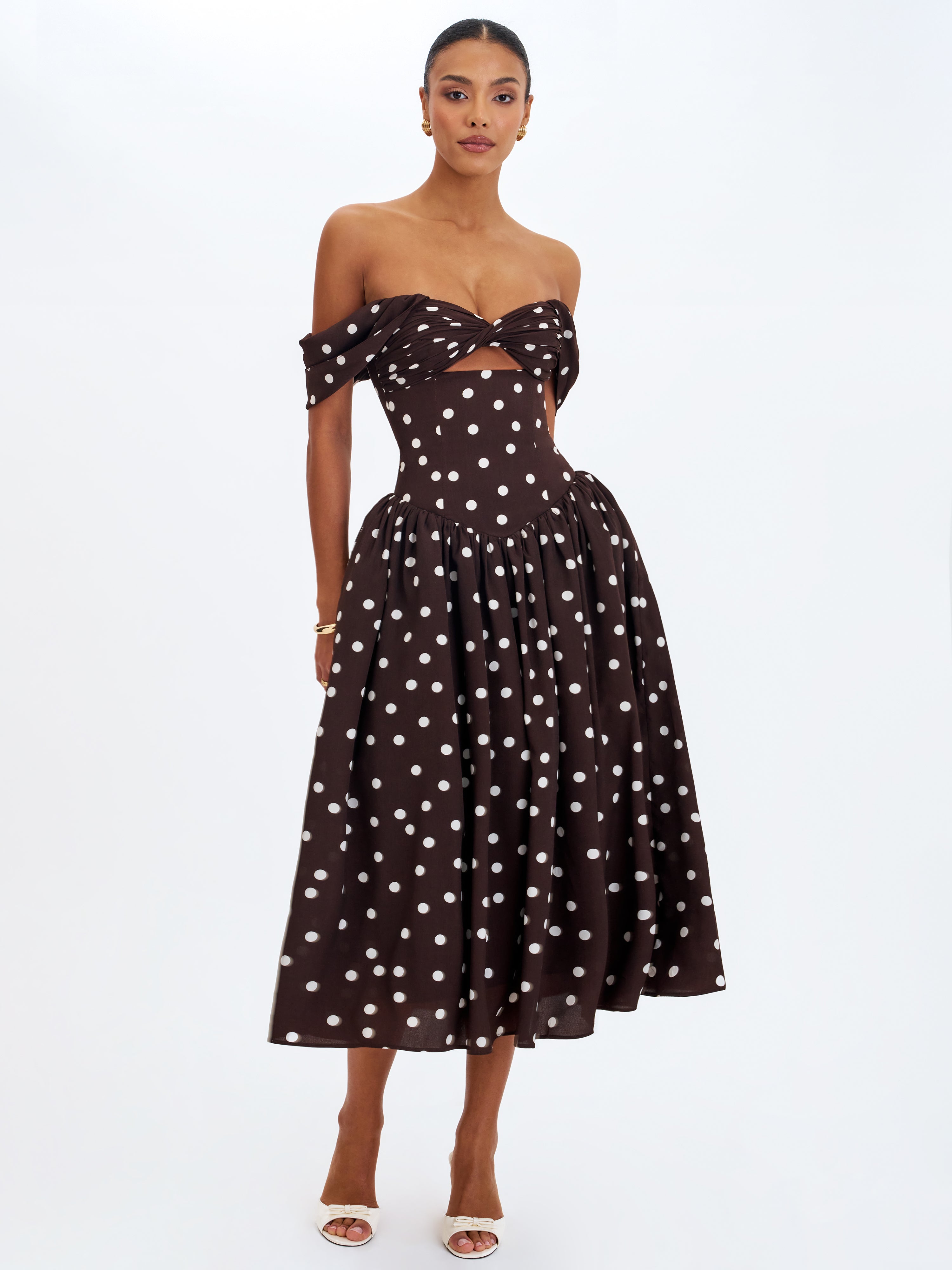 Xandie Mocha Polka Dot Off-Shoulder Midi Dress Xandie Mocha Polka Dot Off-Shoulder Midi Dress