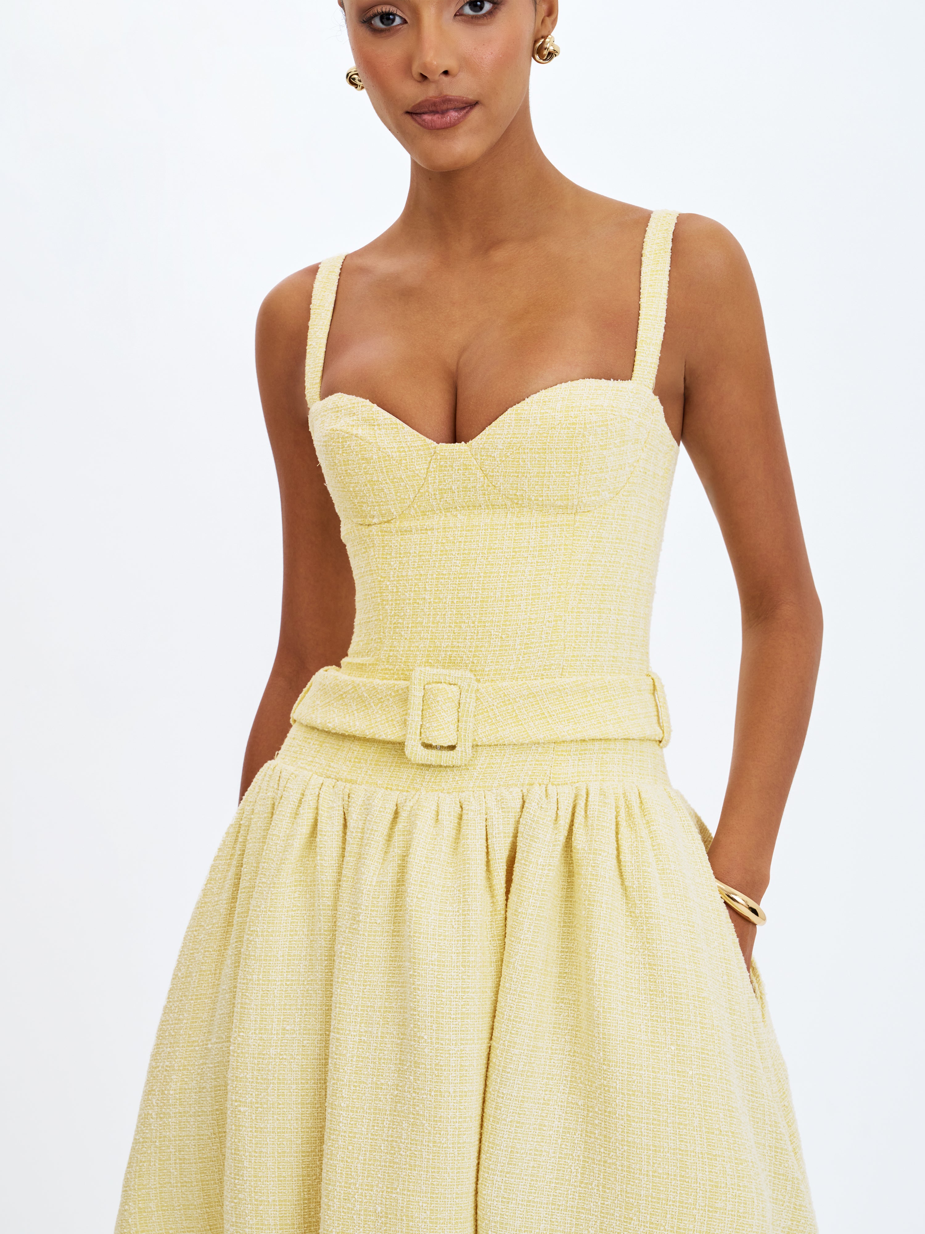 Tiana Butter Yellow Sweetheart Belted Midi Dress