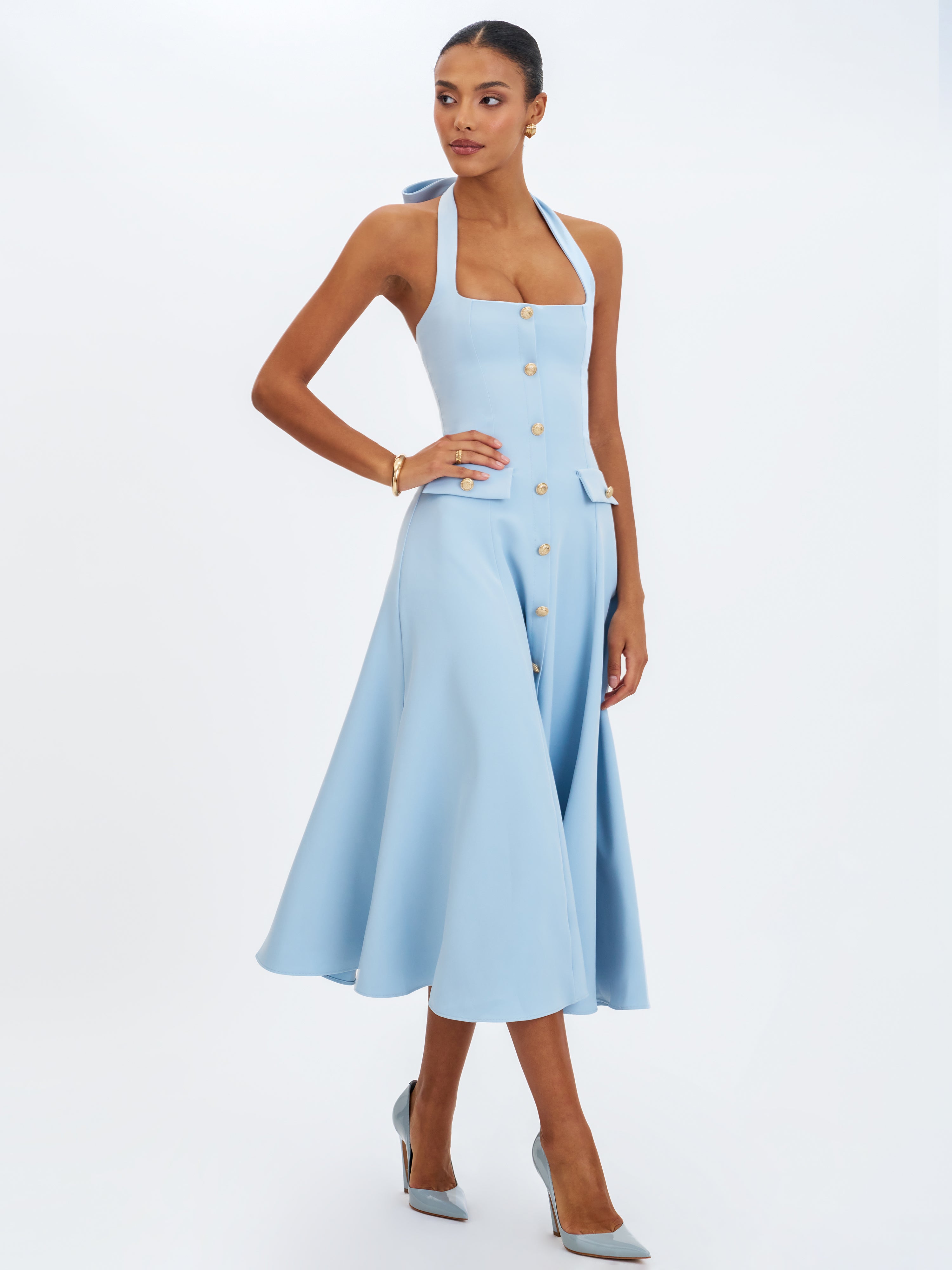 Gillian Mist Blue Halter A-Line Midi Dress