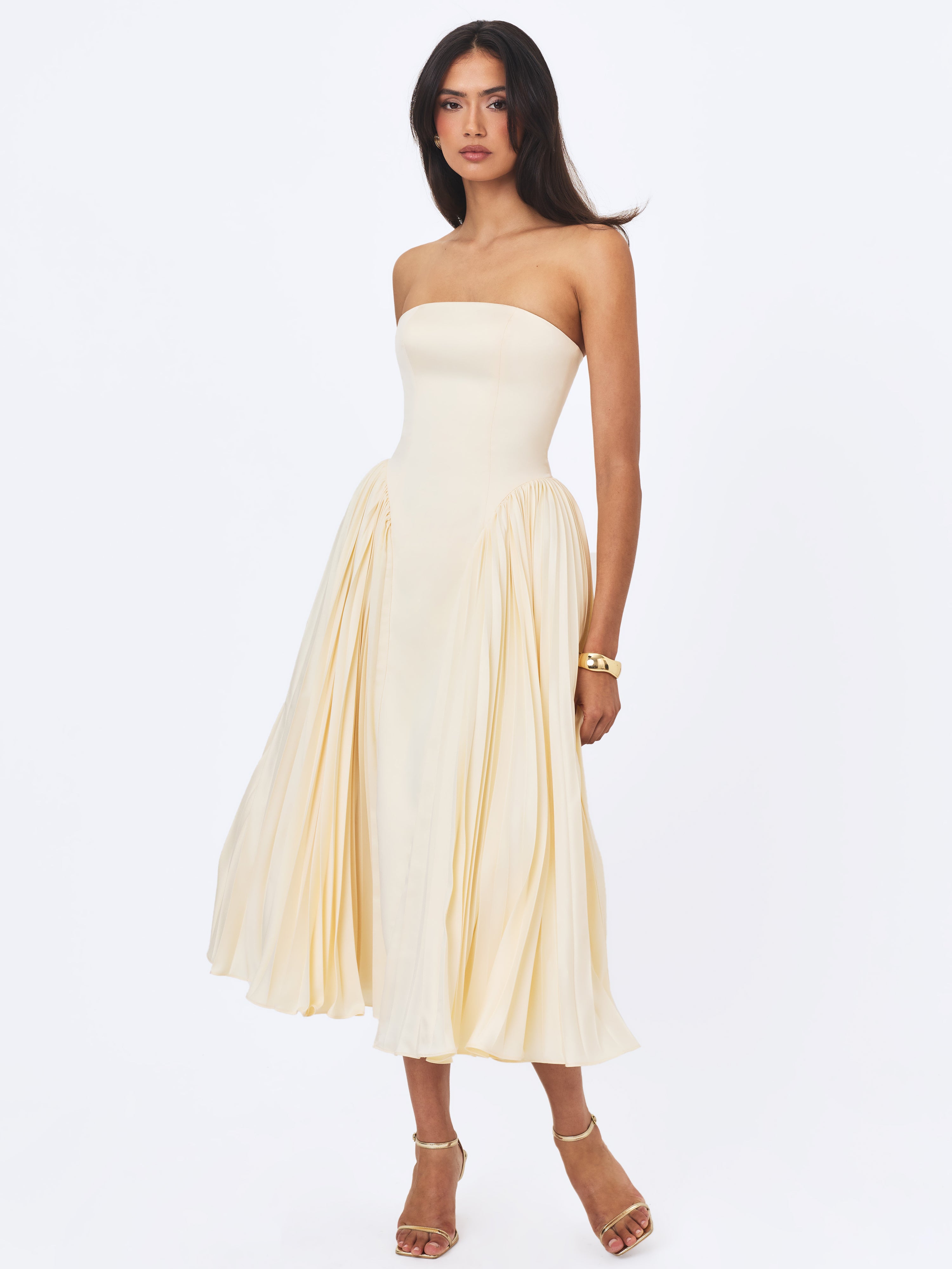 Marnie Butter Yellow Pleated Satin Midi Dress