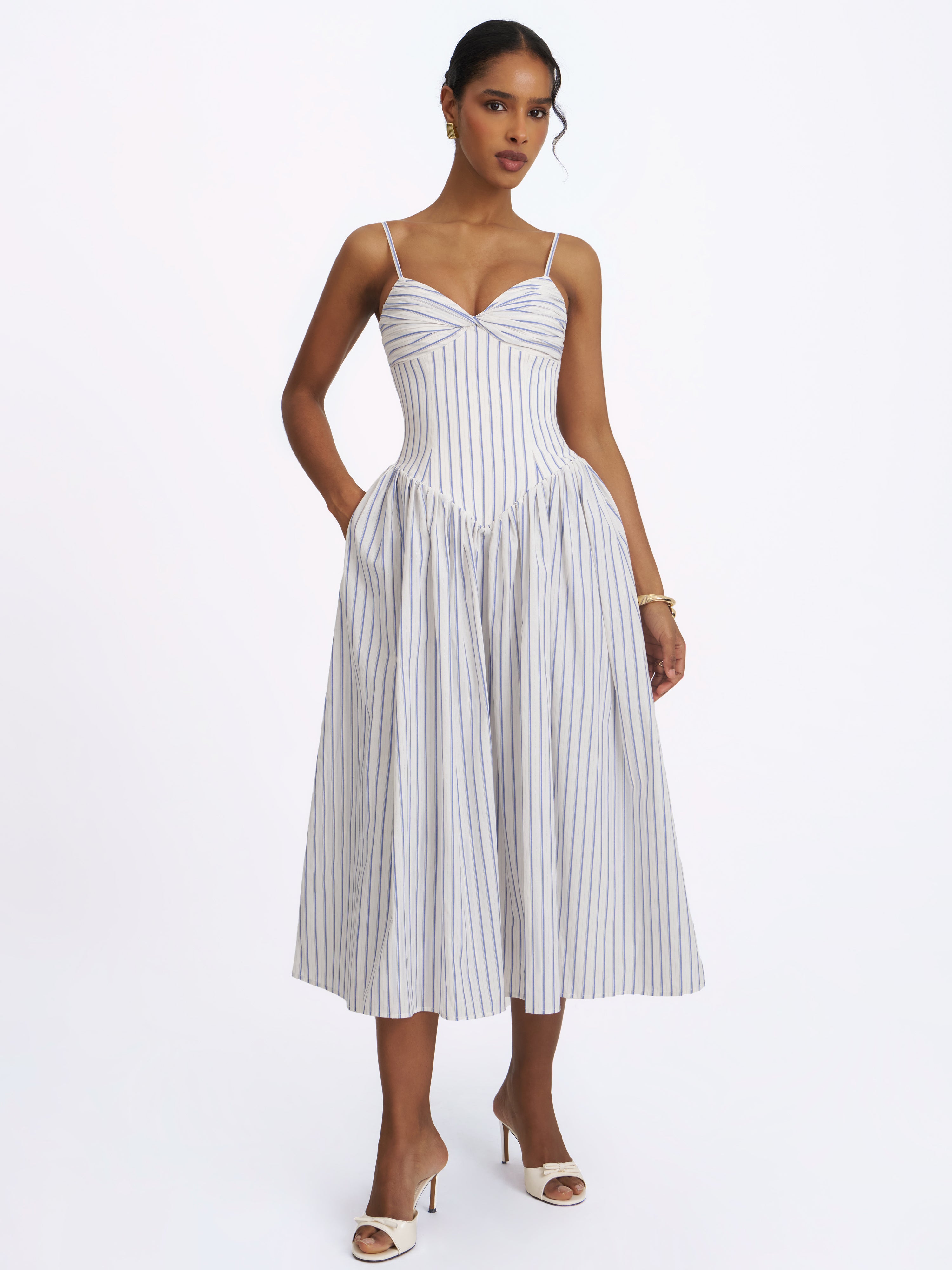 Olea Sky Blue Striped Cotton Poplin Ruched Midi Dress