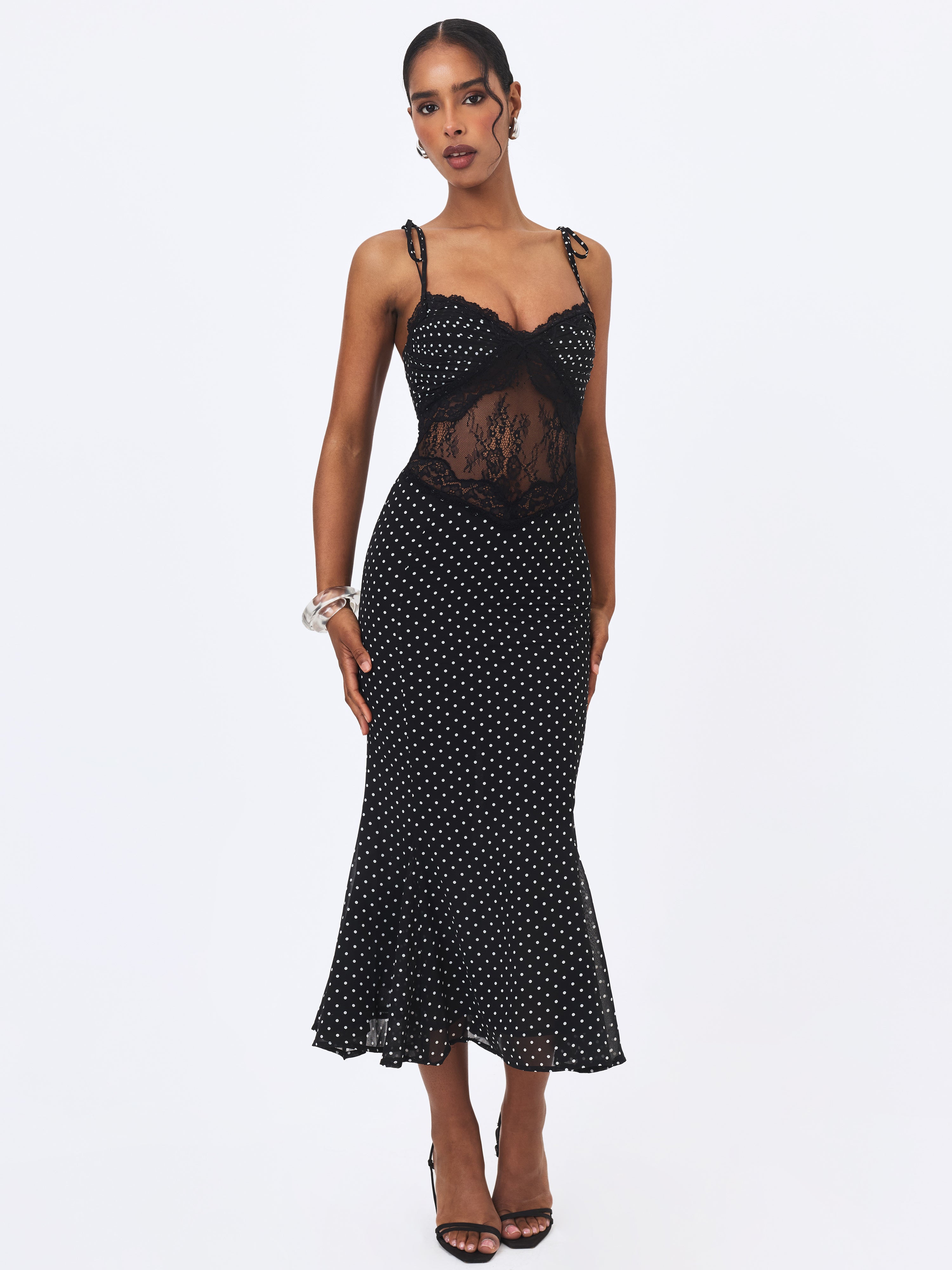 Zehra Black Polka Dot Chiffon Lace Cutout Mermaid Midi Dress