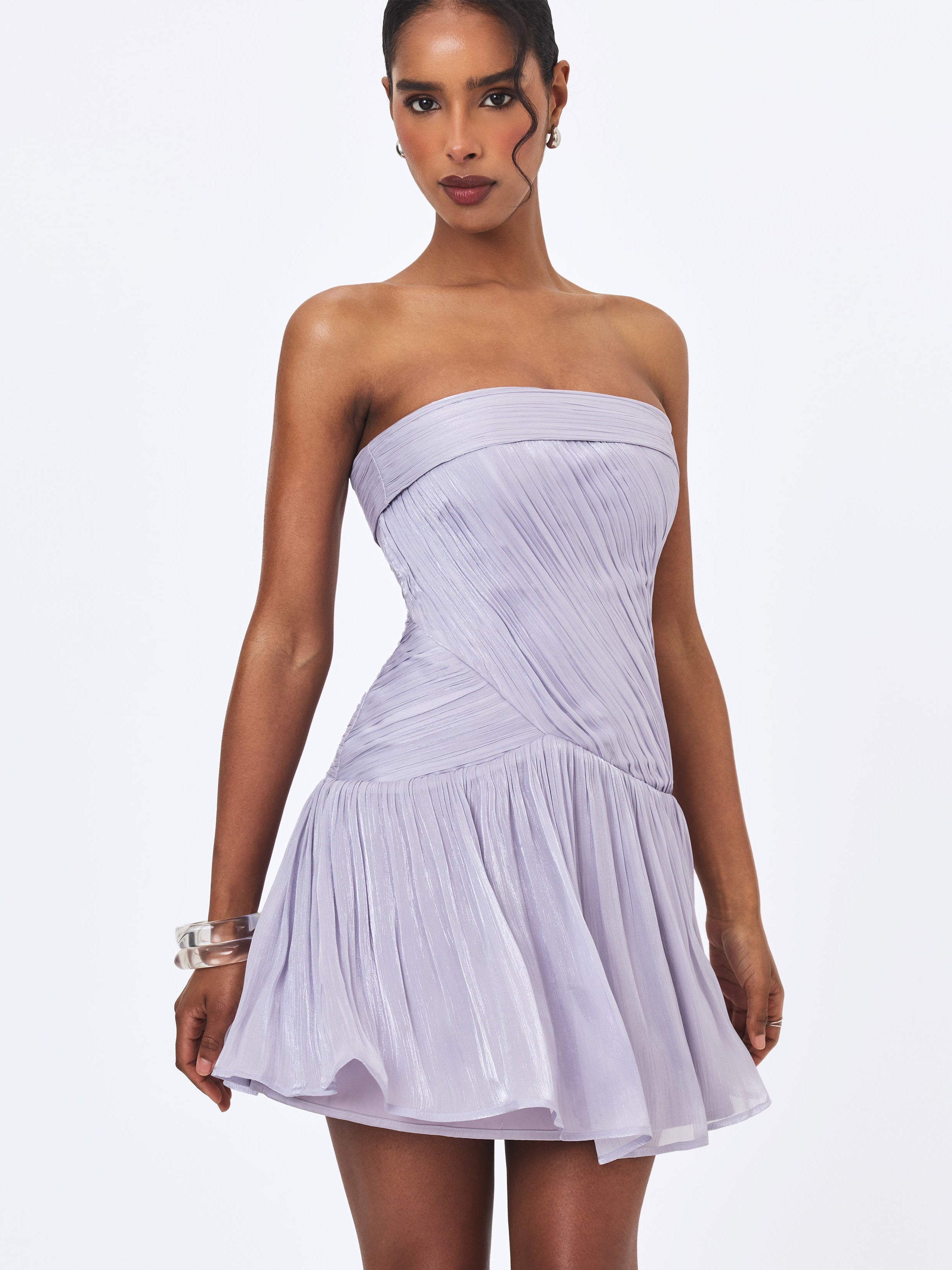 Yalena Lavender Crystal Organza Strapless Mini Dress