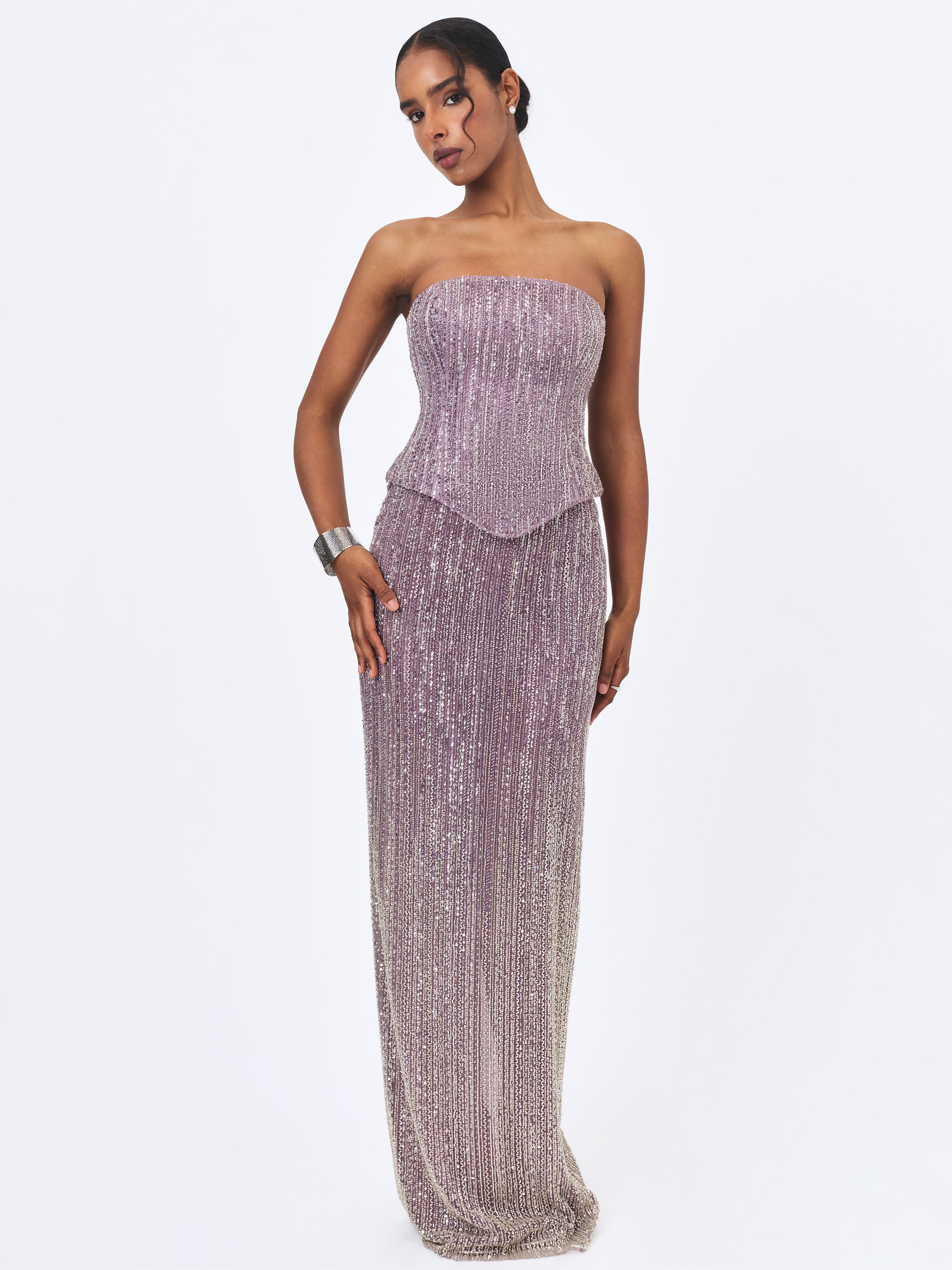 Tosca Beaded Purple Gradient Strapless Peplum Maxi Dress