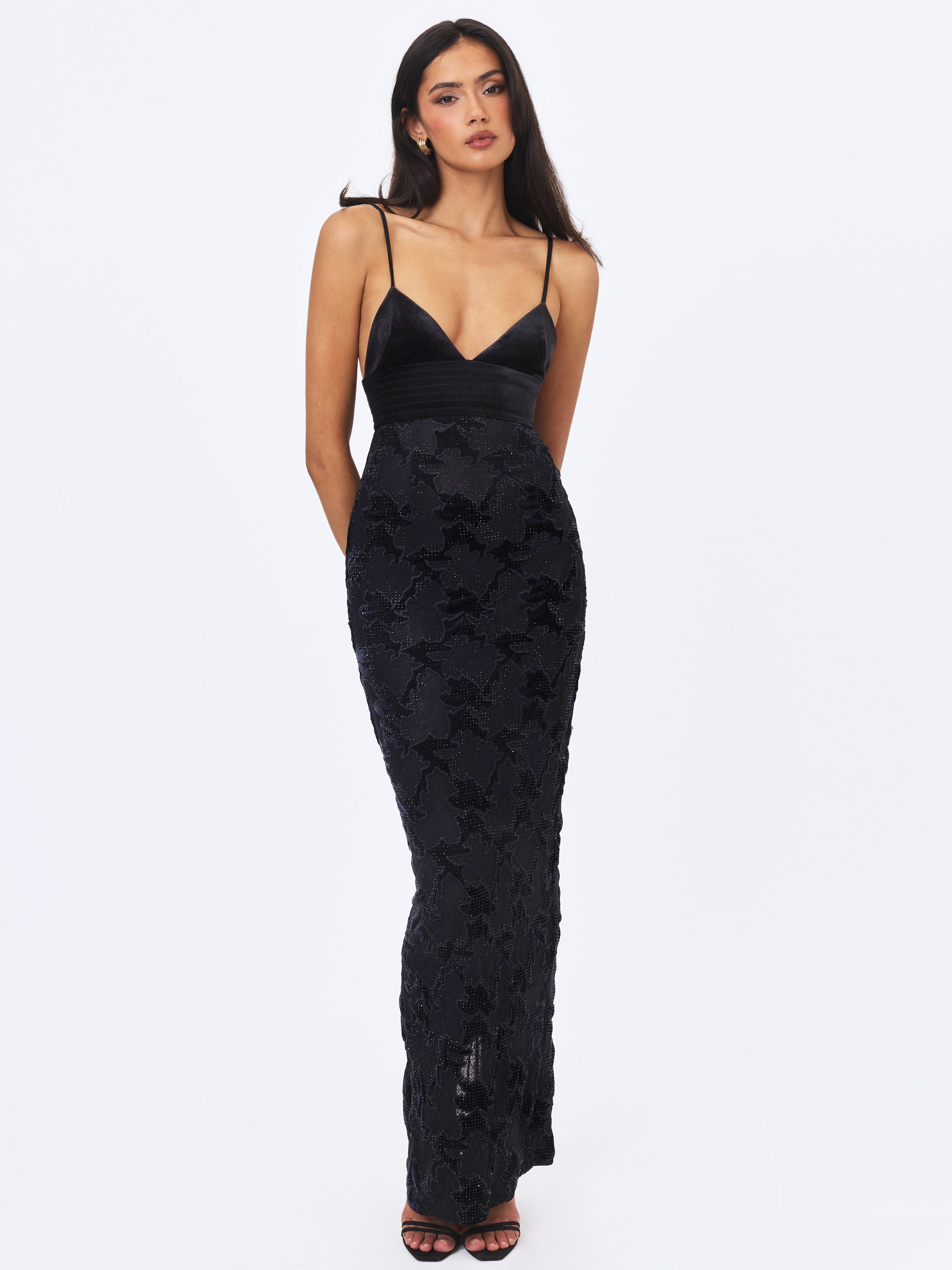 Quinsley Black Velvet Crystal Lace Maxi Dress